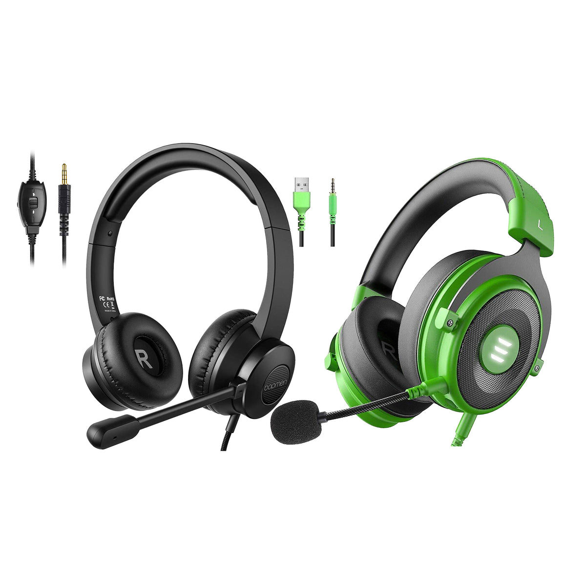 EKSA Pro Gaming Headset with Mic, Green, and S100 Headphone with Mic, Black