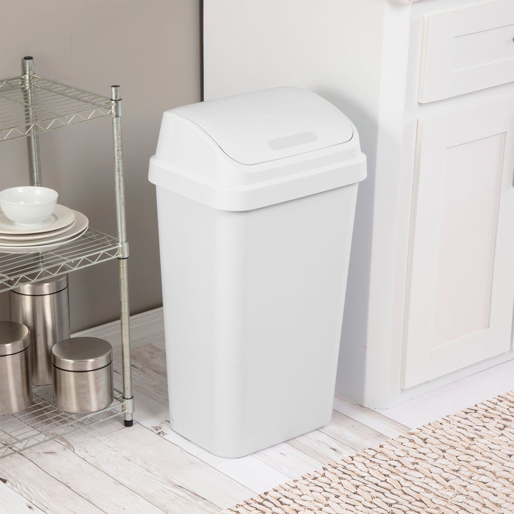 Sterilite 13 Gallon Swing Top Lidded Wastebasket Trash Can for Kitchen, White - VMInnovations