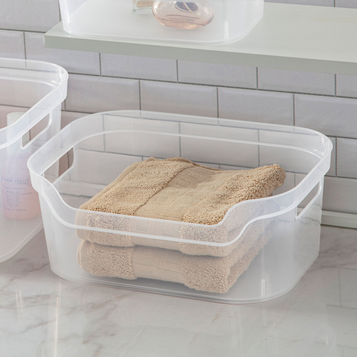 Sterilite 5.25 x 9.5 x 13 Inch Open Storage Bin w/ Carry Through Handles, Clear