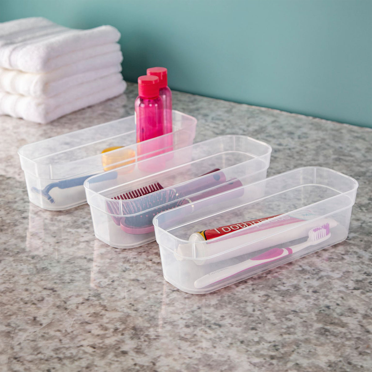 Sterilite Narrow Storage Trays for Desktop and Drawer Organizing, 3-Pack, Clear