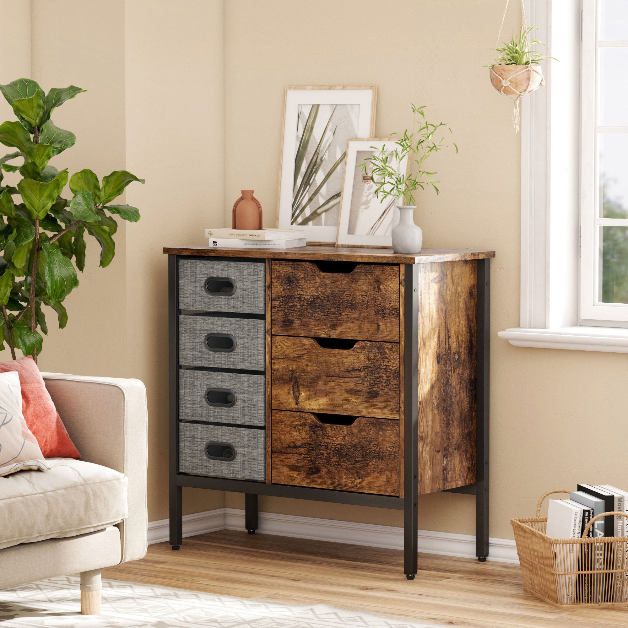 Bestier Buffet Hallway & Living Room Storage Cabinet w/7 Drawers, Rustic Brown
