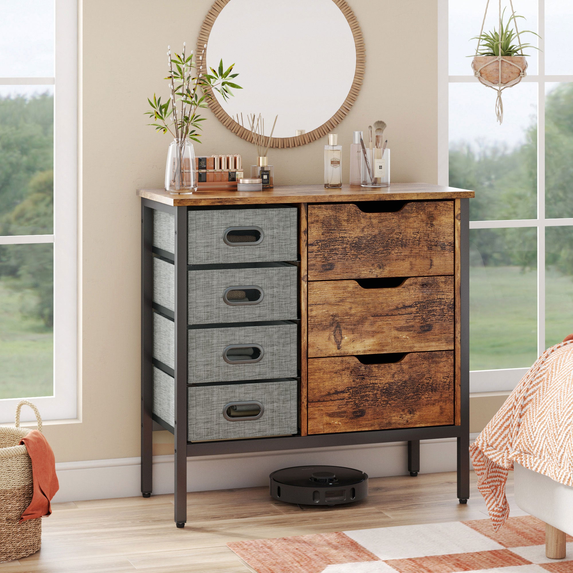 Bestier Buffet Hallway & Living Room Storage Cabinet w/7 Drawers, Rustic Brown