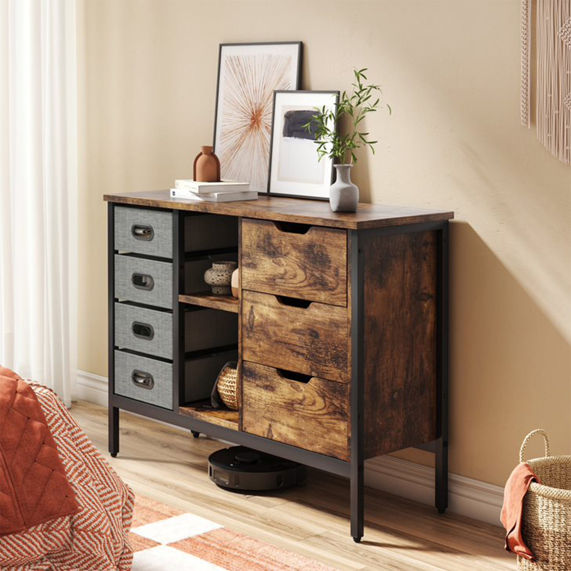 Bestier Sideboard Storage Unit w/ 3 Drawers, 2 Shelves & 4 Sliding Fabric Cubes