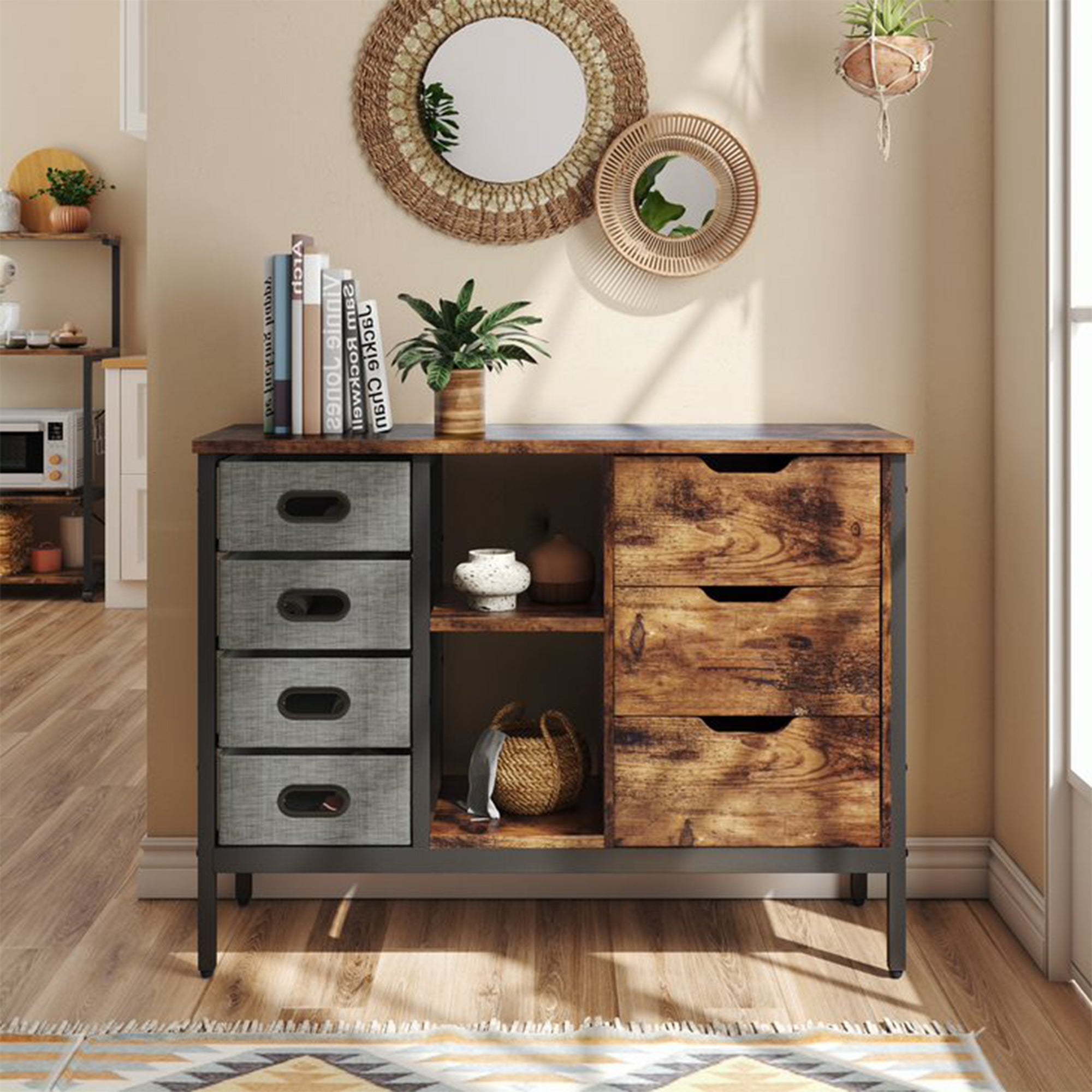 Bestier Sideboard Storage Unit w/ 3 Drawers, 2 Shelves & 4 Sliding Fabric Cubes