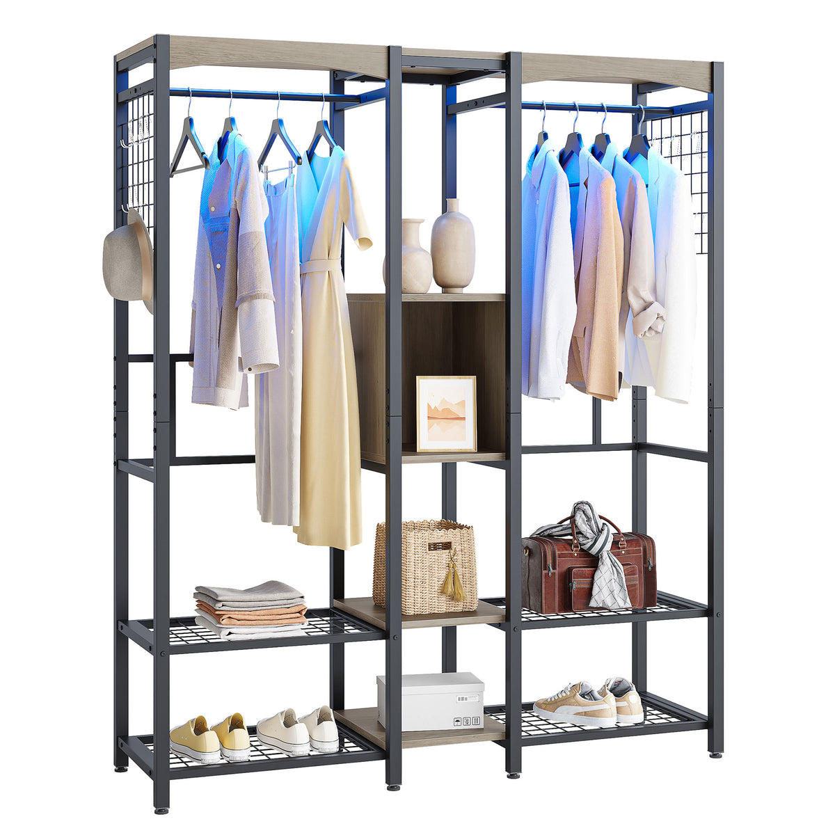 Metal Freestand Wardrobe w/Wood Shelves & Color Changing Lights, Gray (Used)