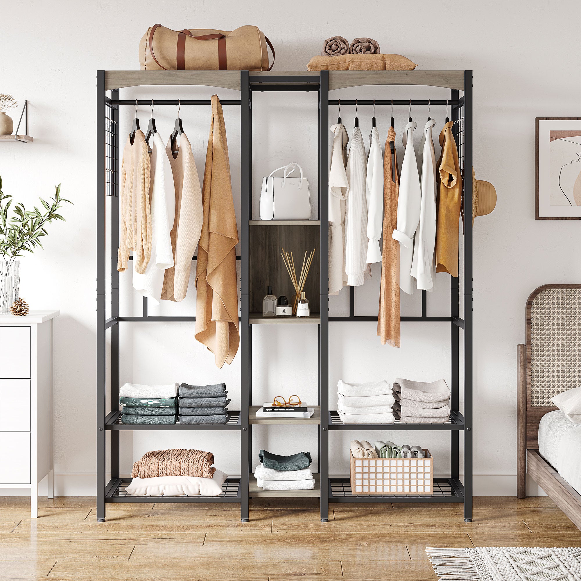 Metal Freestand Wardrobe w/Wood Shelves & Color Changing Lights, Gray (Used)