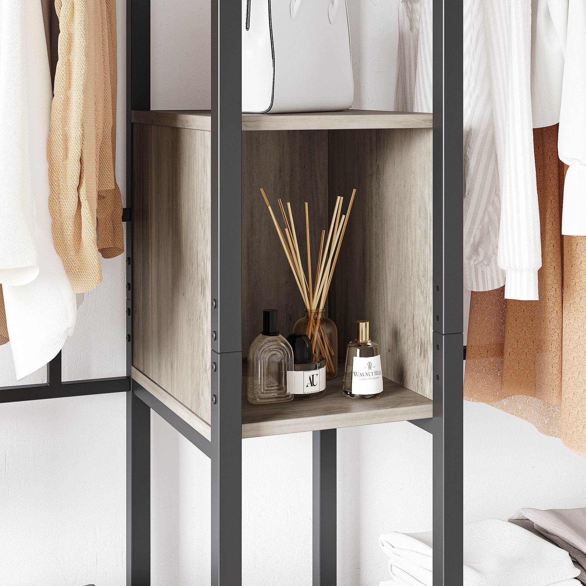 Metal Freestand Wardrobe w/Wood Shelves & Color Changing Lights, Gray (Used)