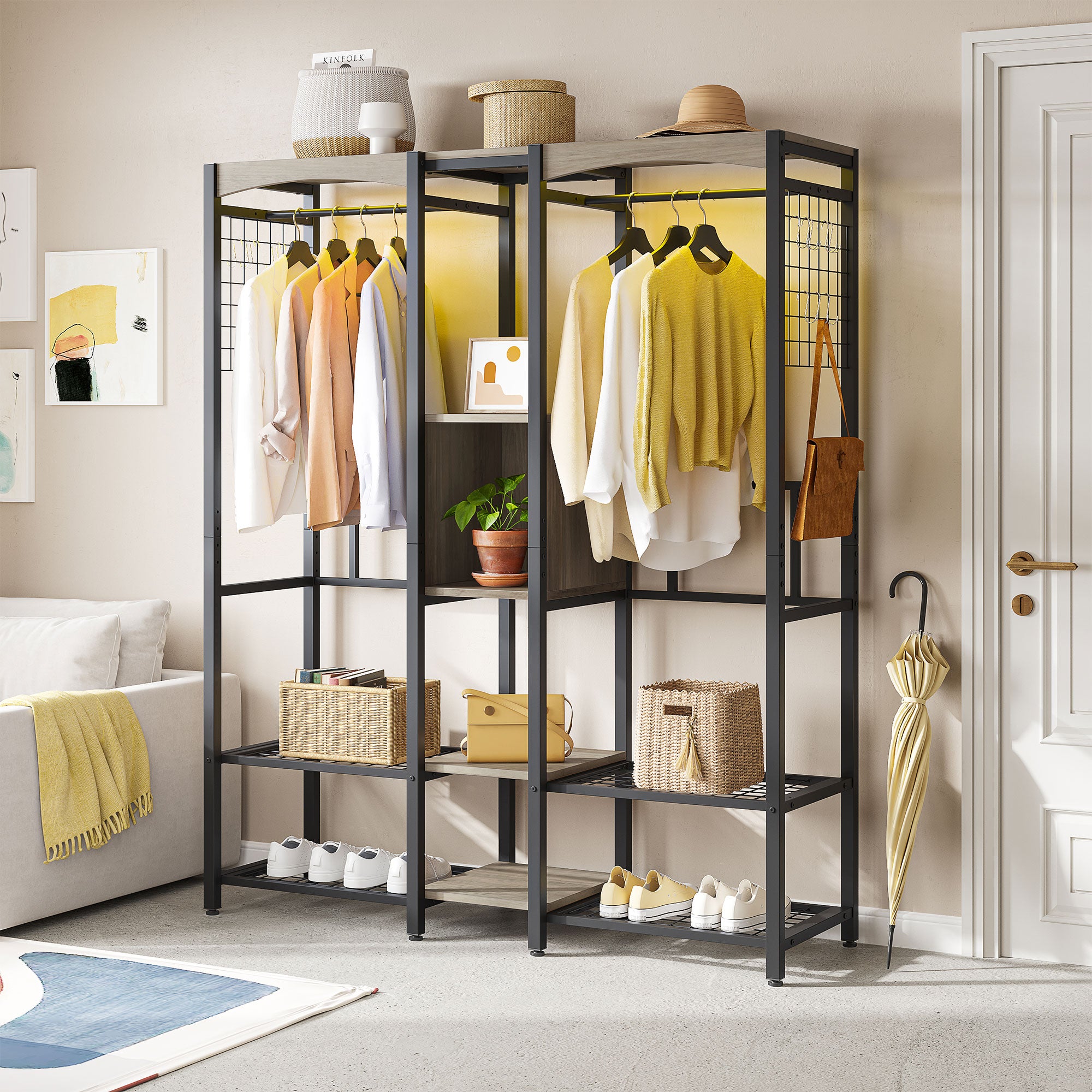 Metal Freestand Wardrobe w/Wood Shelves & Color Changing Lights, Gray (Used)
