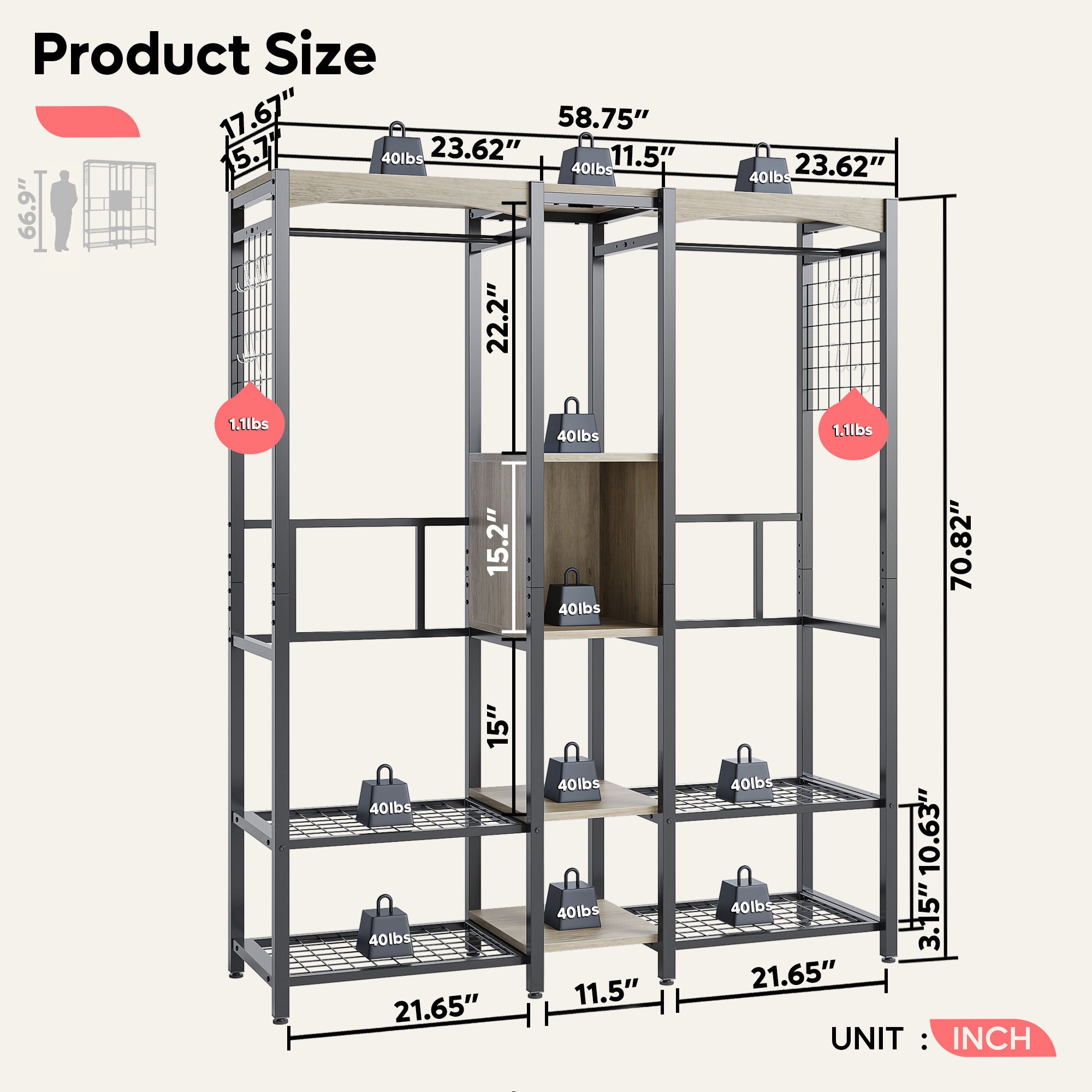 Metal Freestand Wardrobe w/Wood Shelves & Color Changing Lights, Gray (Used)