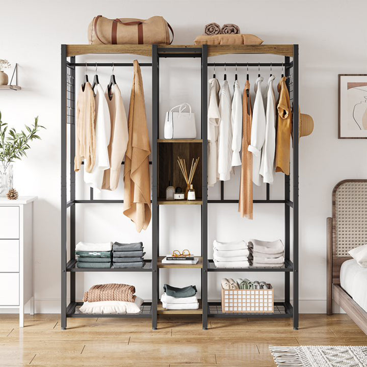 Bestier Metal Freestand Wardrobe w/Wood Shelves & Color Changing Lights, Oak - VMInnovations