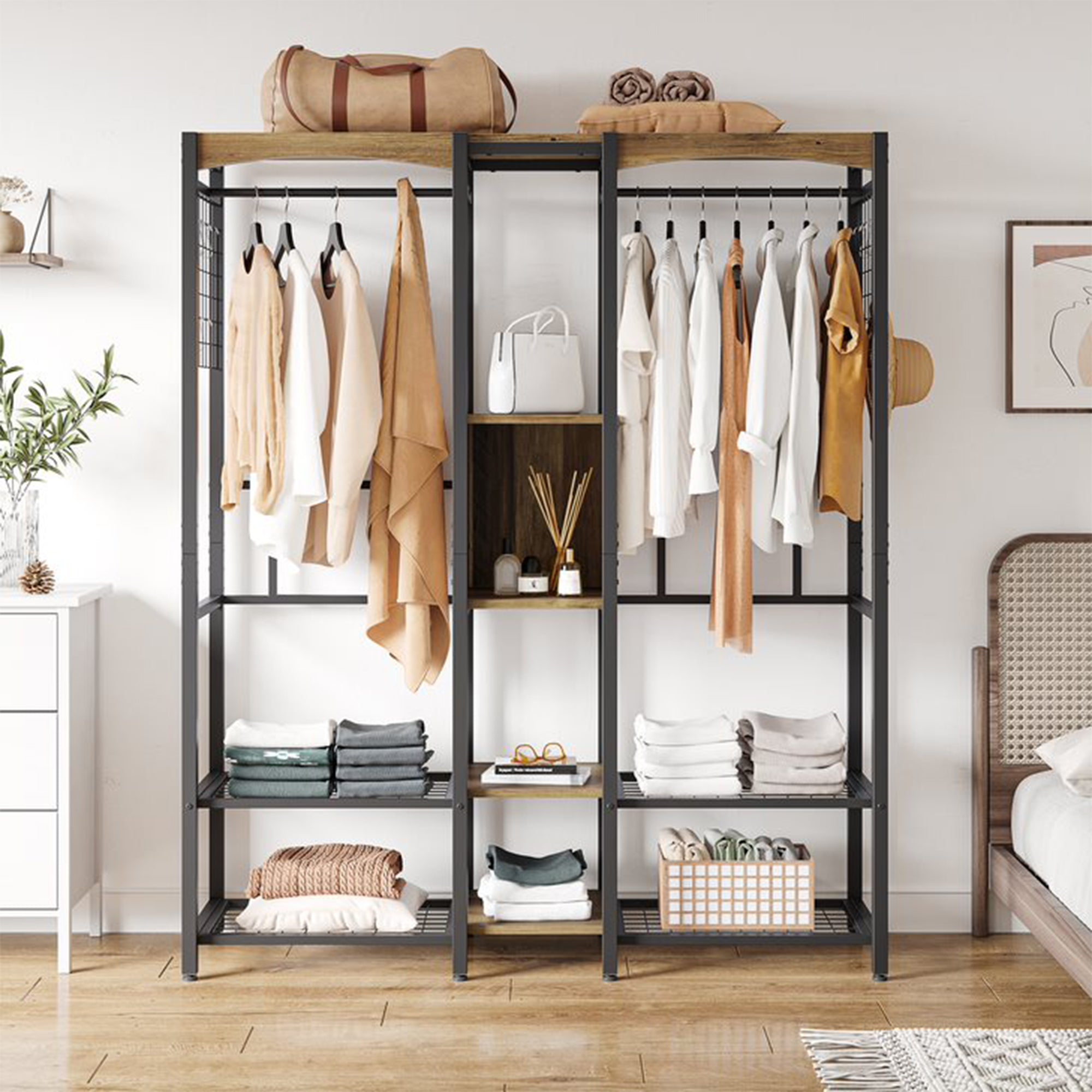 Metal Freestand Wardrobe w/Wood Shelves & Color Changing Lights, Oak (Open Box)
