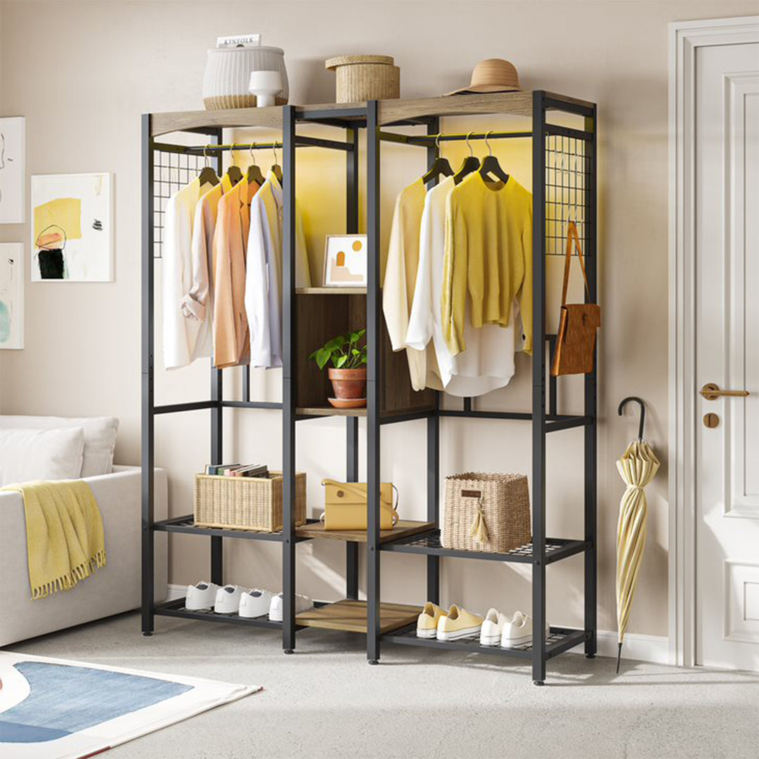 Bestier Metal Freestand Wardrobe w/Wood Shelves & Color Changing Lights, Oak - VMInnovations