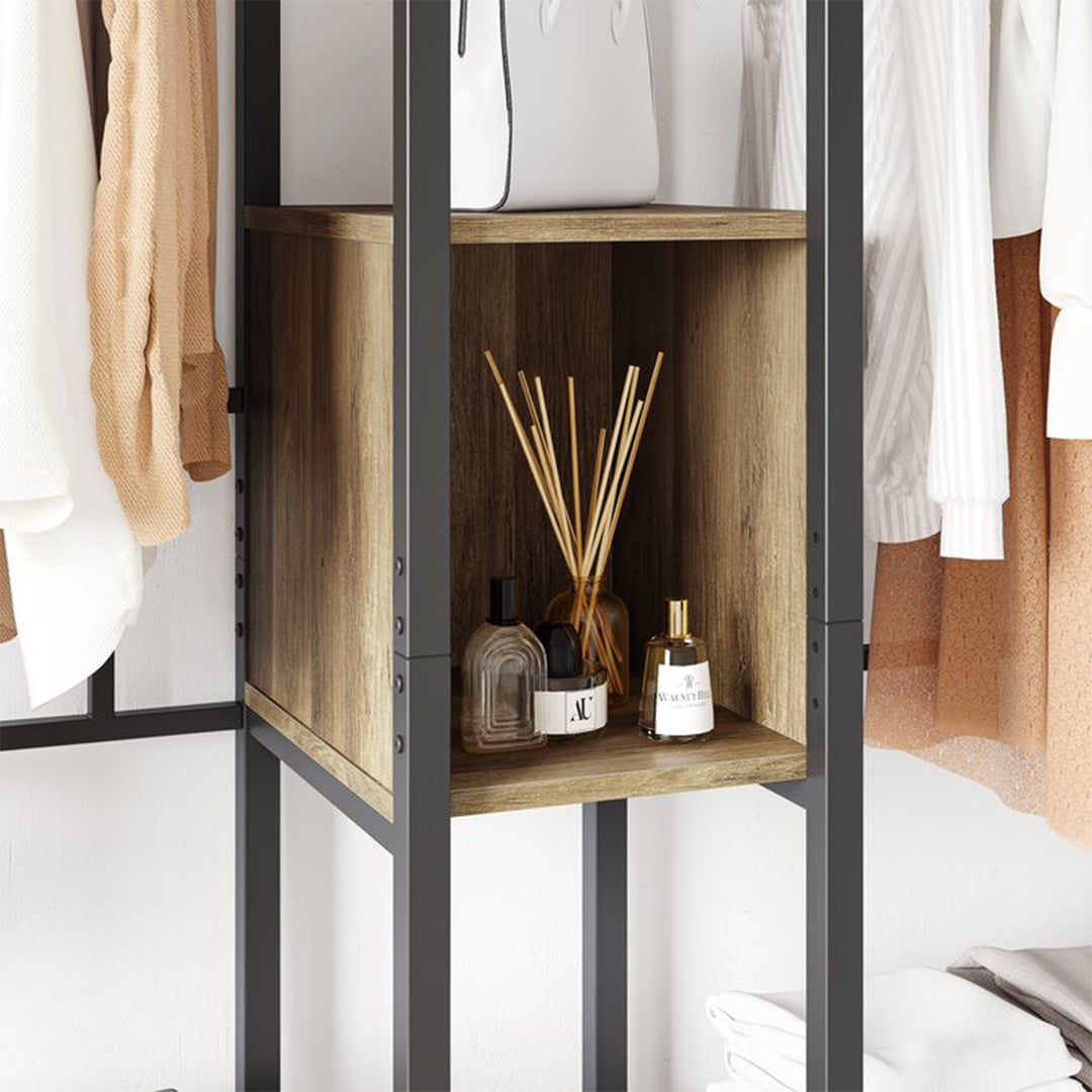 Bestier Metal Freestand Wardrobe w/Wood Shelves & Color Changing Lights, Oak - VMInnovations