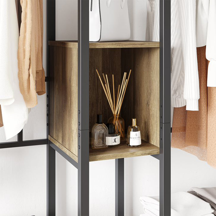 Bestier Metal Freestand Wardrobe w/Wood Shelves & Color Changing Lights, Oak - VMInnovations