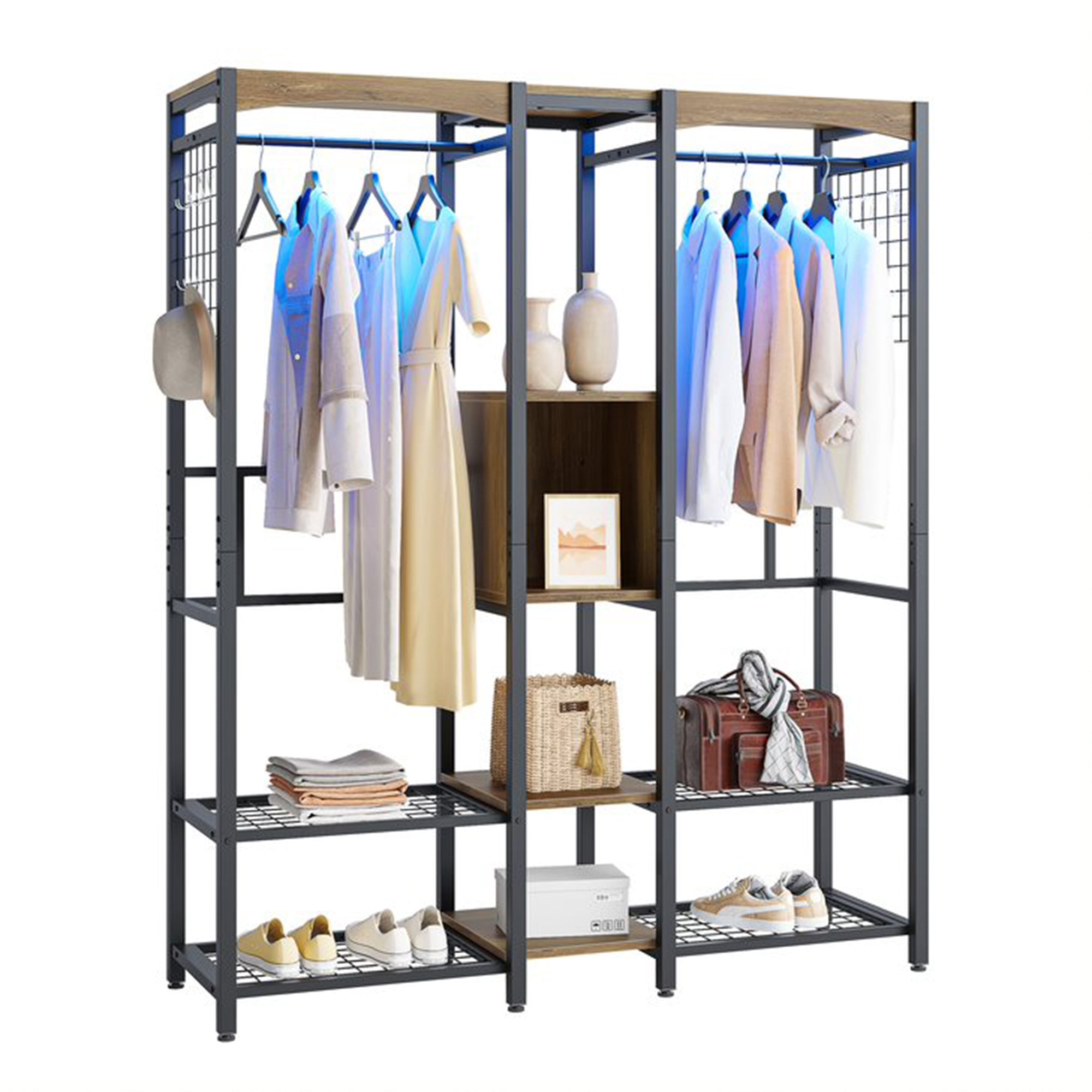 Metal Freestand Wardrobe w/Wood Shelves & Color Changing Lights, Oak (Open Box)