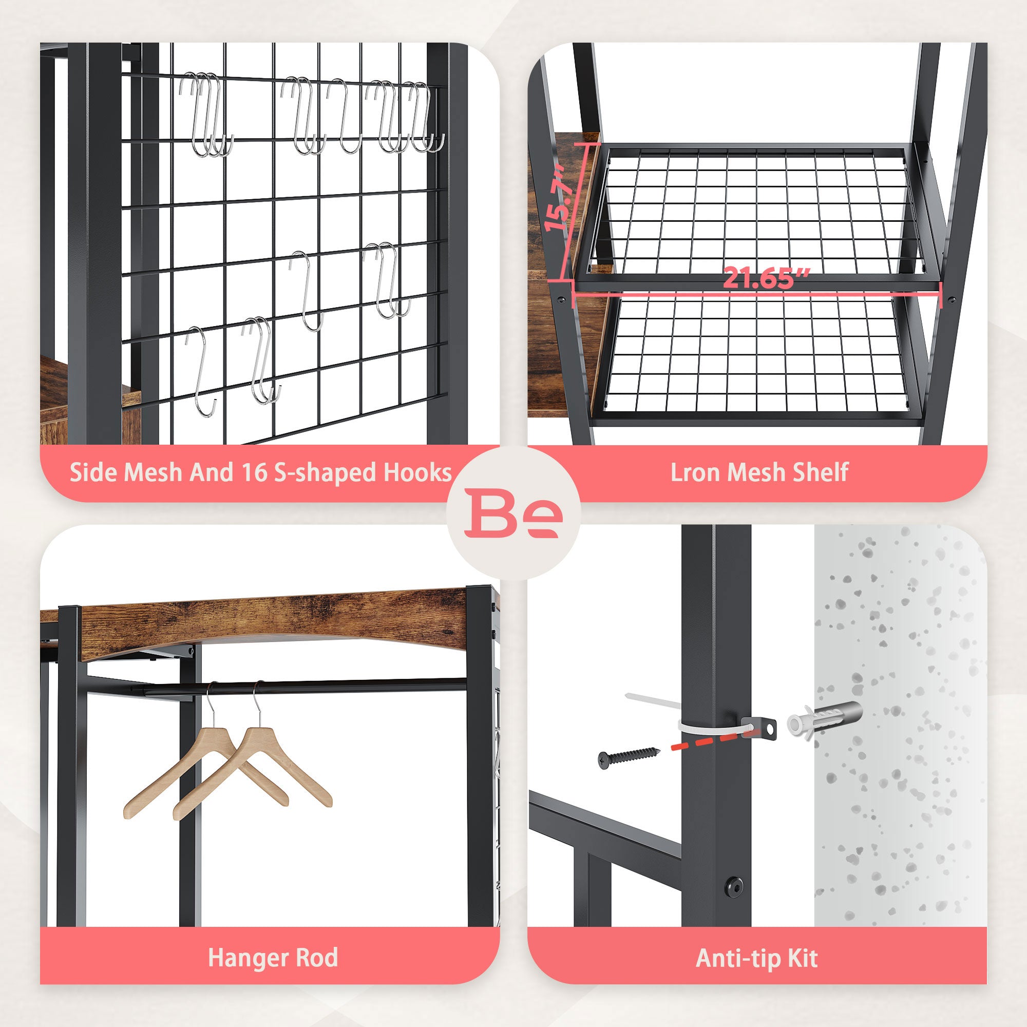 Bestier Metal Wardrobe w/Wood Shelves & Color Changing Lights, Brow (Used) - VMInnovations