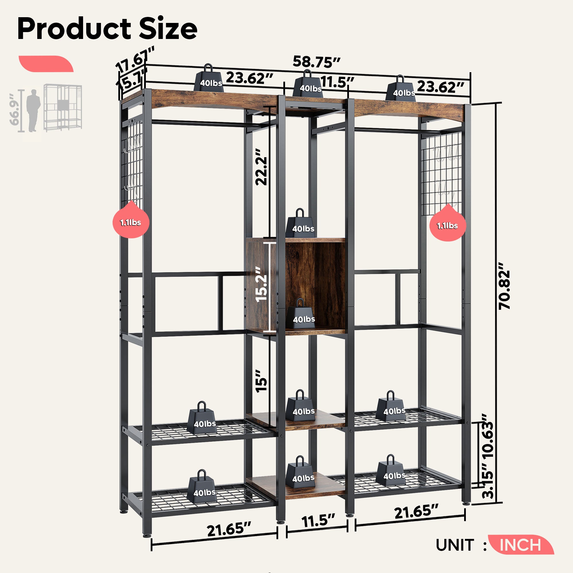 Metal Freestand Wardrobe w/Wood Shelves & Color Changing Lights (Open Box) - VMInnovations