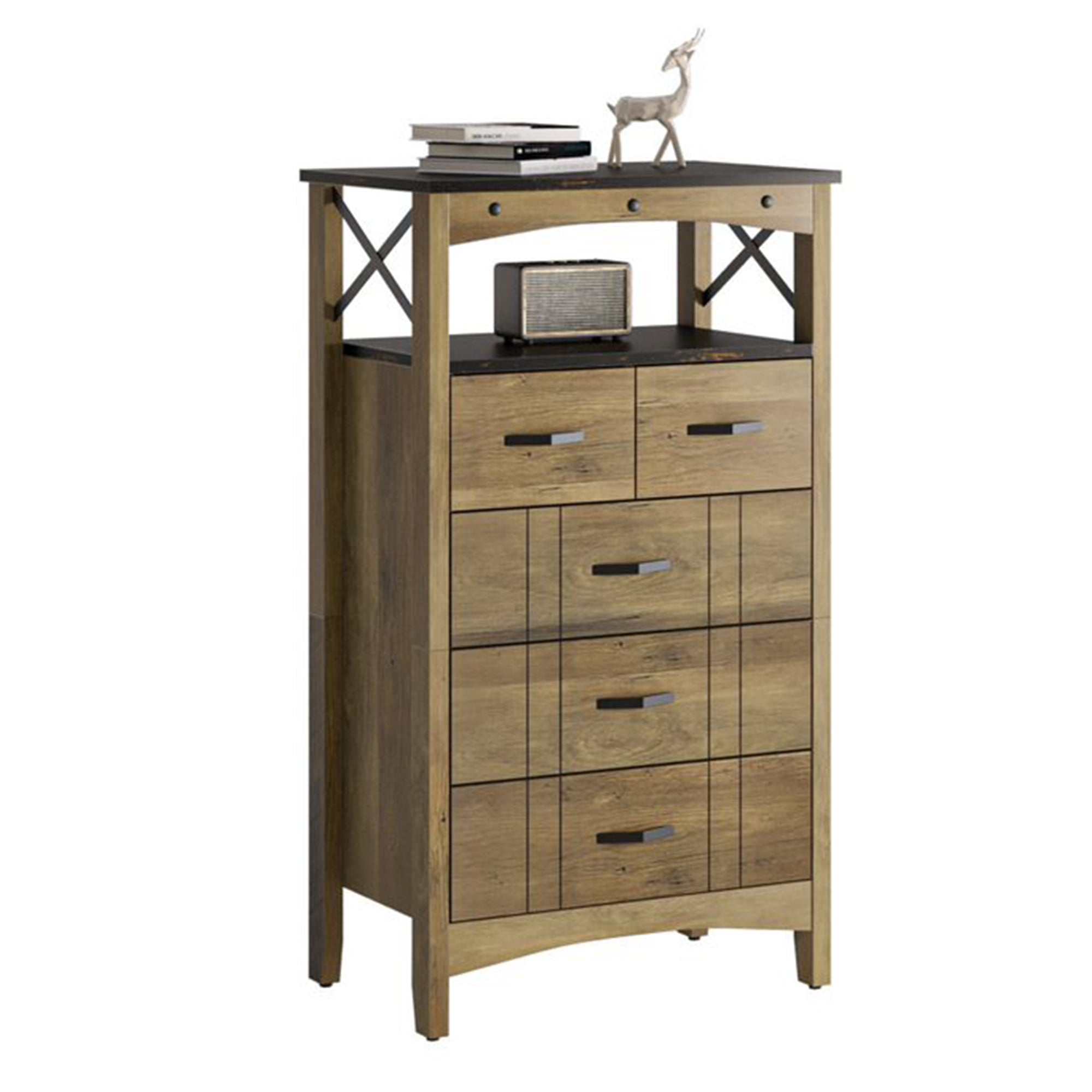 Bestier Hallway & Living Room Storage Cabinet w/ 2 Shelves and 5 Drawers, Brown - VMInnovations