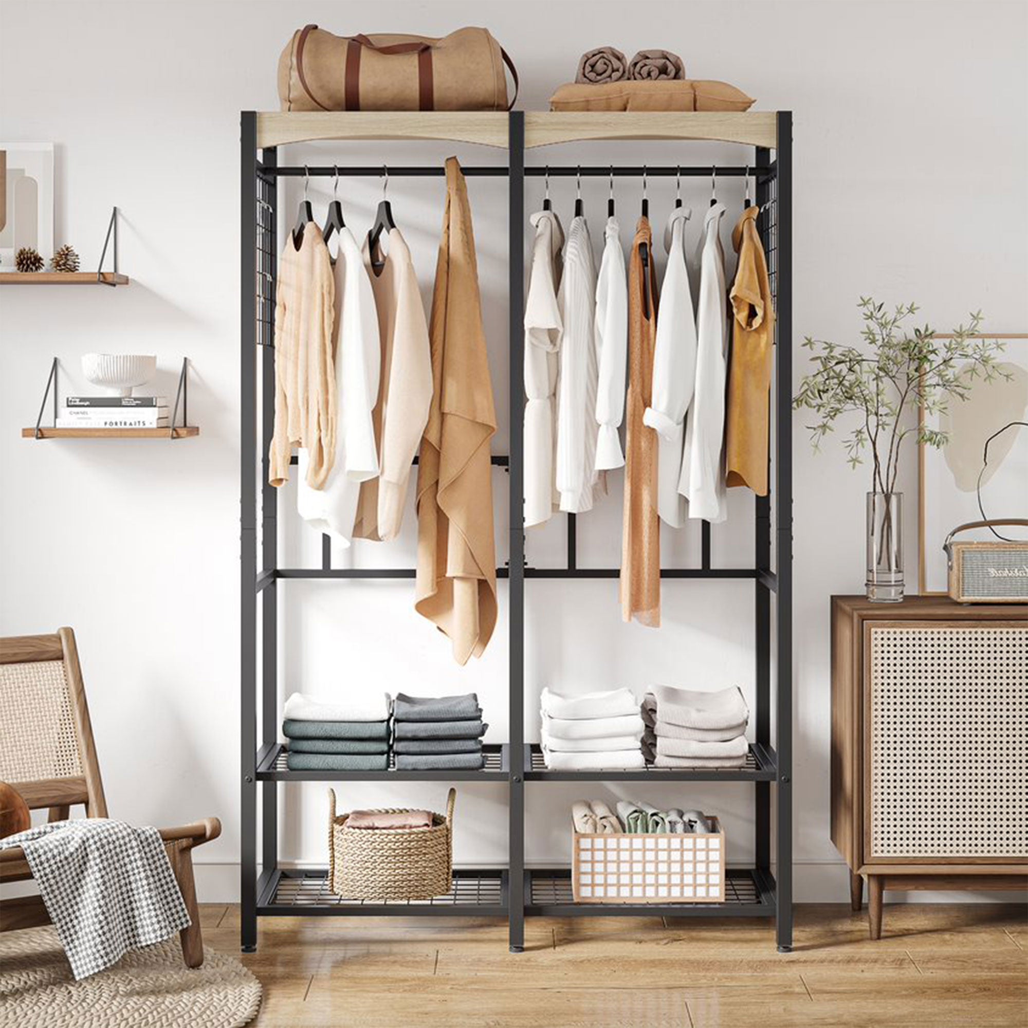 Bestier Metal Freestanding Wardrobe w/ Wood Shelf & Color Changing Lights, Black - VMInnovations