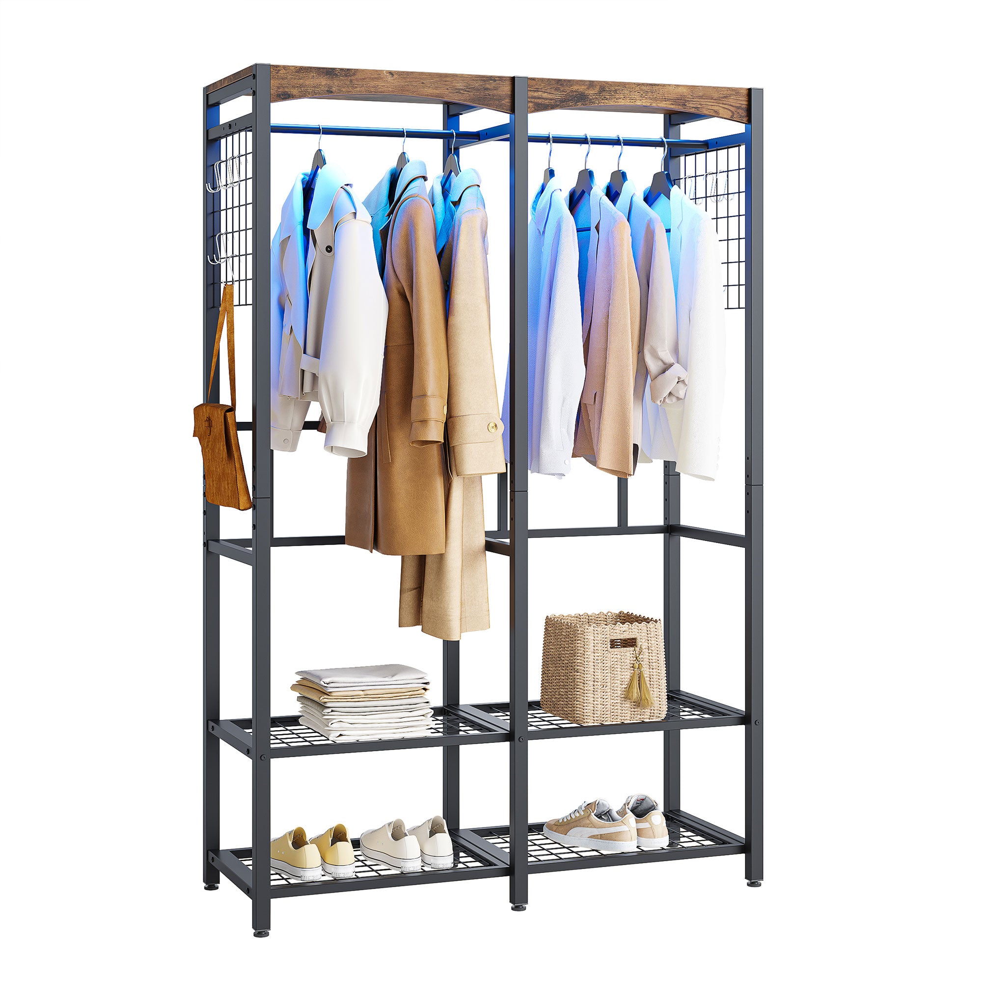 Bestier Metal Freestanding Wardrobe w/Shelf & Color Changing Light, Rustic Brown - VMInnovations
