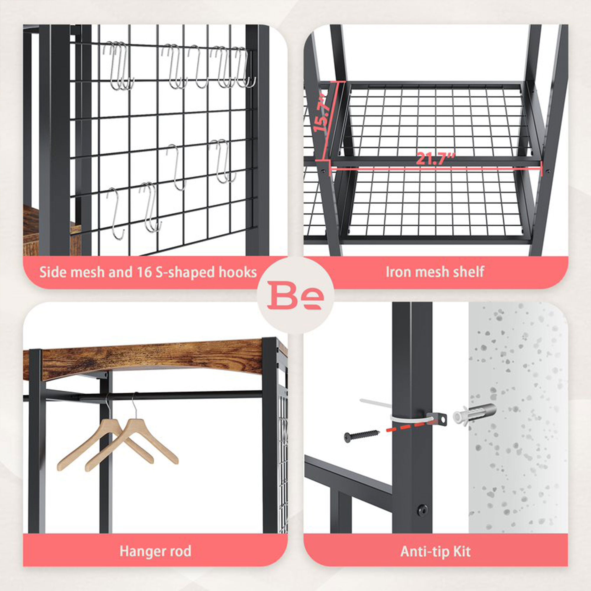 Bestier Metal Freestanding Wardrobe w/Shelf & Color Changing Light, Rustic Brown - VMInnovations