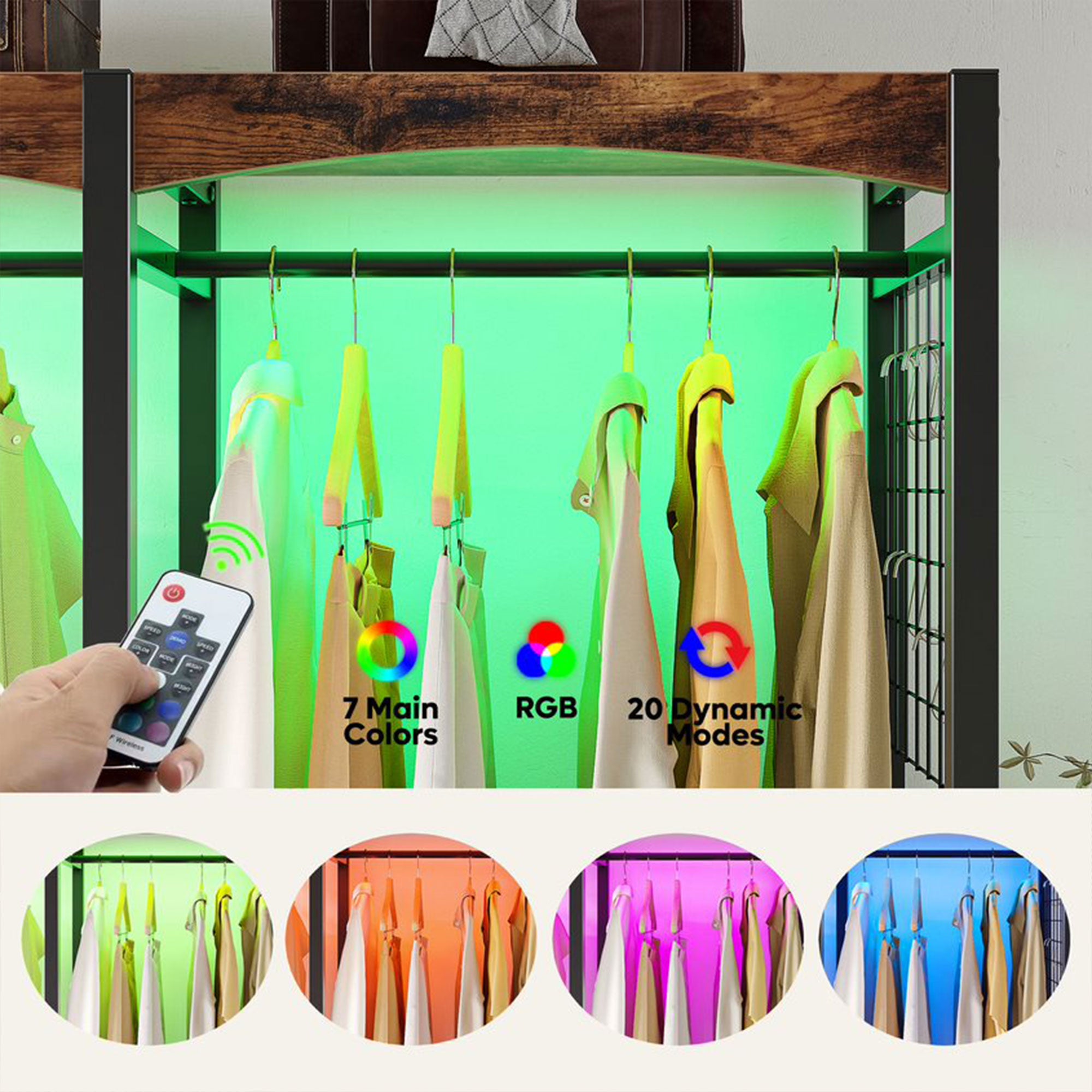 Bestier Metal Freestanding Wardrobe w/Shelf & Color Changing Light, Rustic Brown - VMInnovations