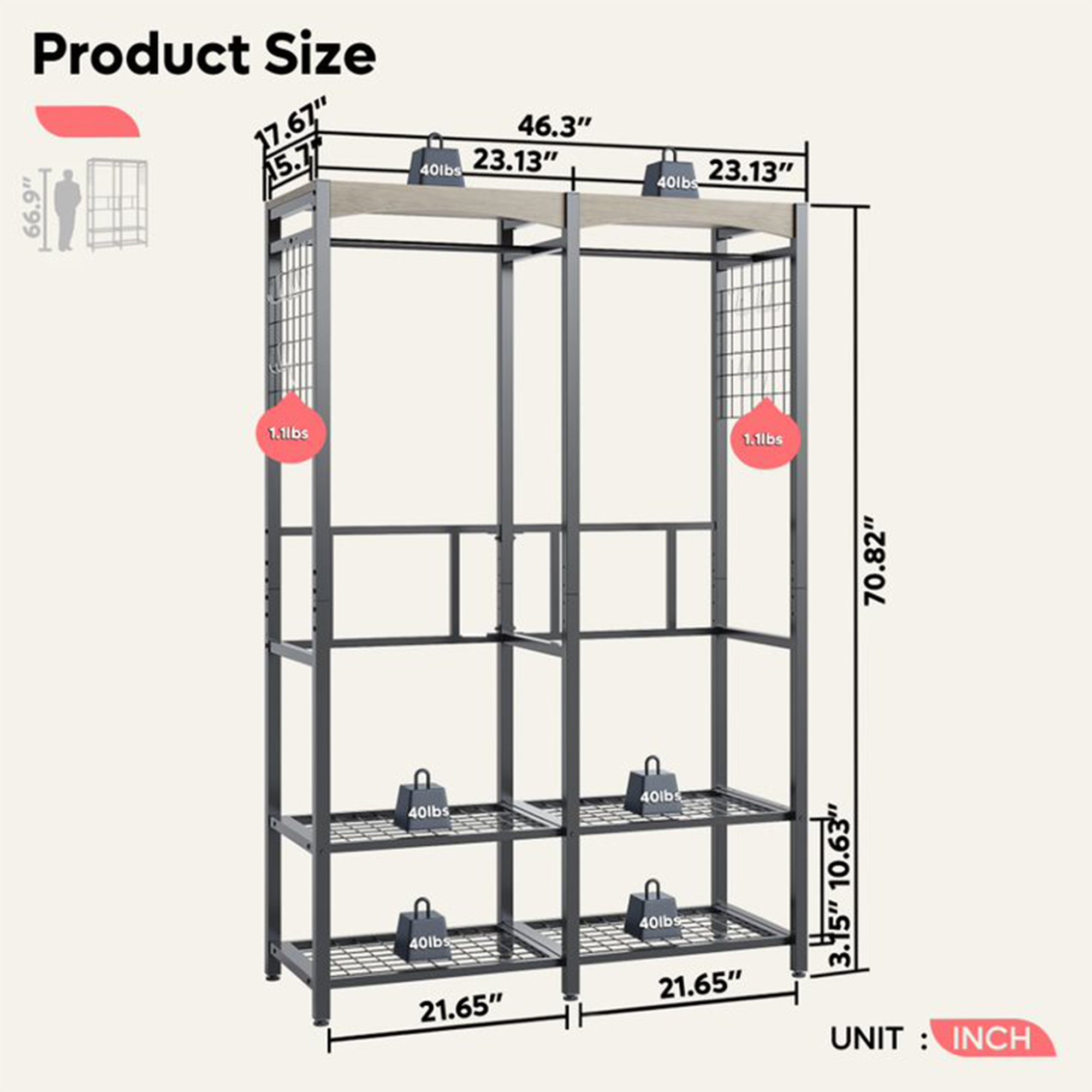 Bestier Metal Freestanding Wardrobe w/ Shelf & Color Changing Light, Dark Gray - VMInnovations