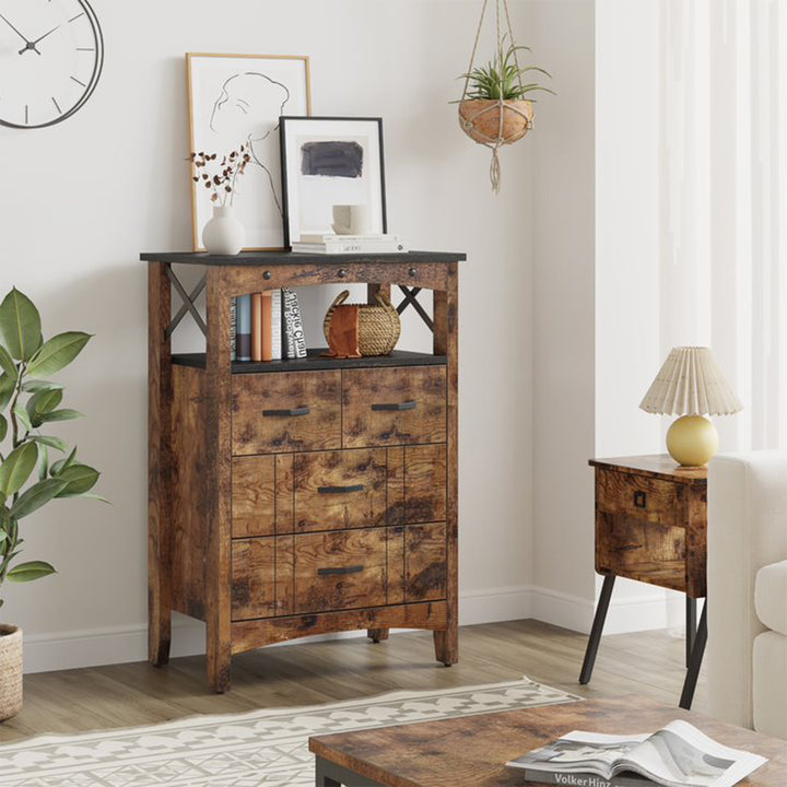 Bestier Living Room Storage Cabinet with 2 Shelves and 4 Drawers, Dark Brown - VMInnovations
