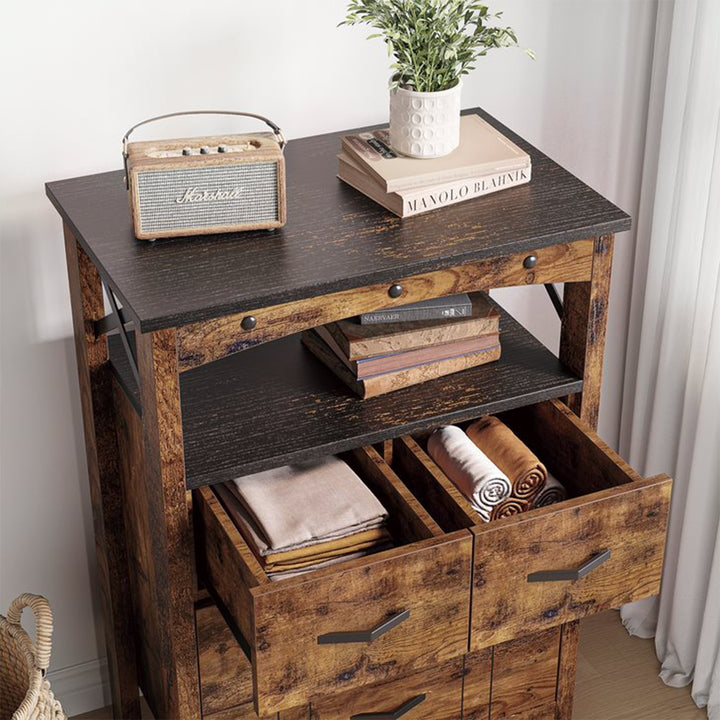 Bestier Living Room Storage Cabinet with 2 Shelves and 4 Drawers, Dark Brown - VMInnovations