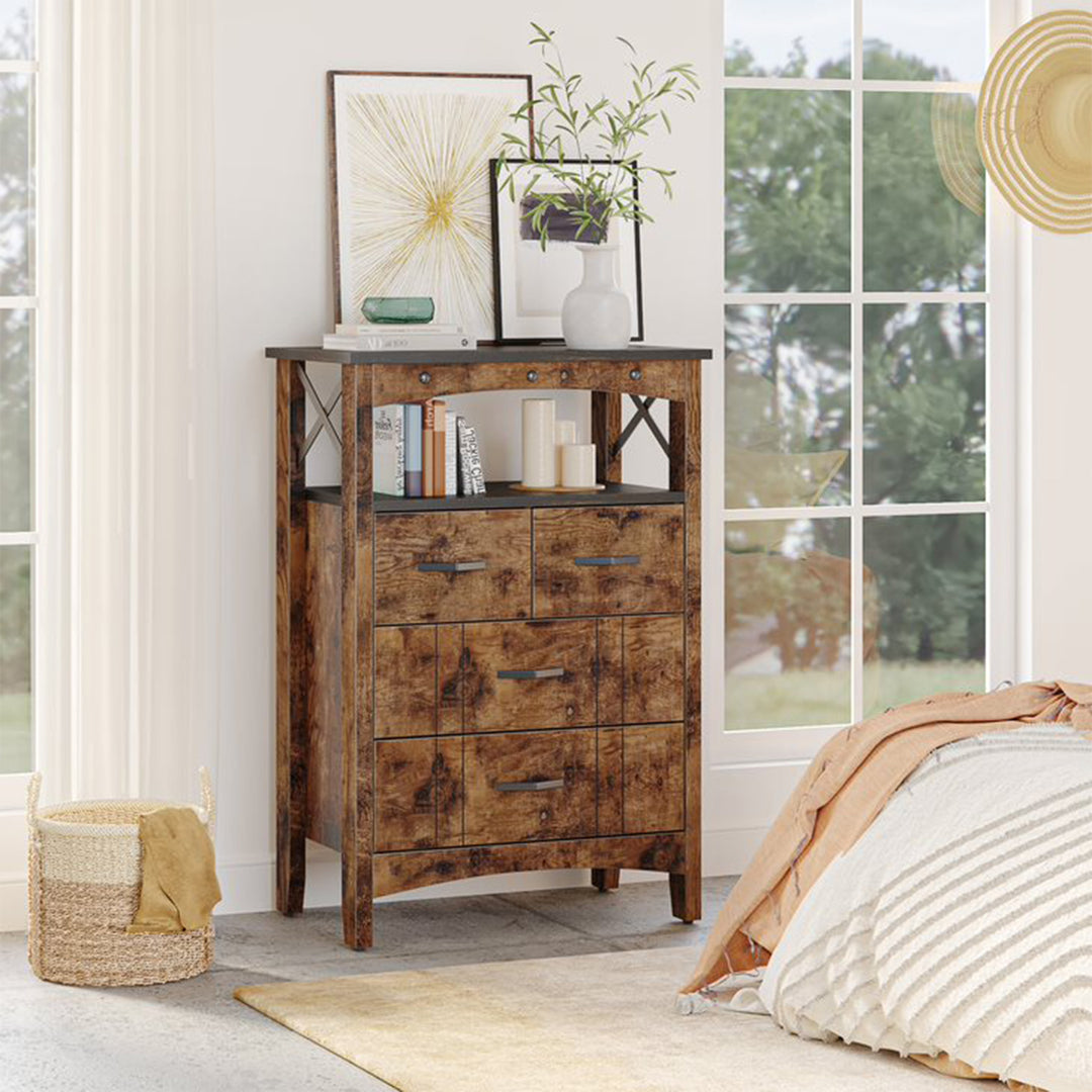 Bestier Living Room Storage Cabinet with 2 Shelves and 4 Drawers, Dark Brown - VMInnovations