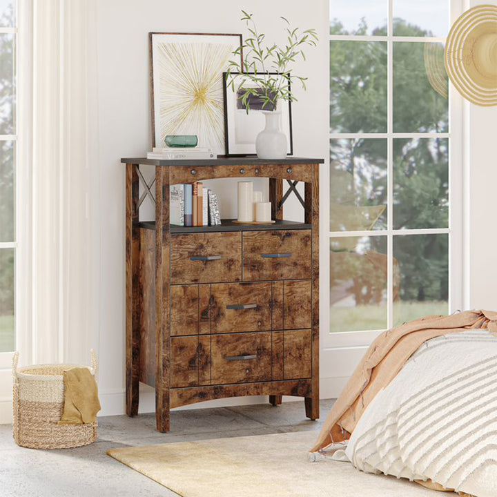 Bestier Living Room Storage Cabinet with 2 Shelves and 4 Drawers, Dark Brown - VMInnovations