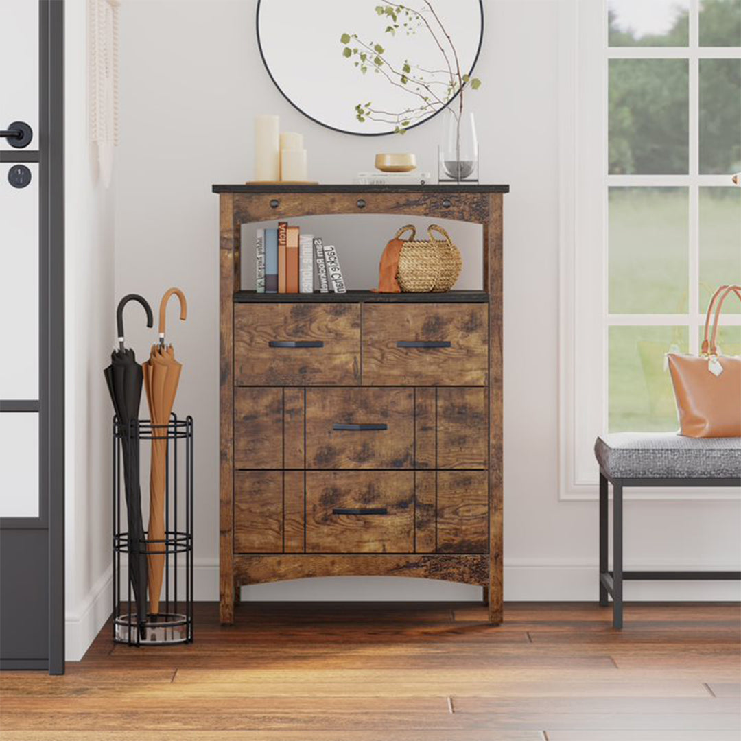 Bestier Living Room Storage Cabinet with 2 Shelves and 4 Drawers, Dark Brown - VMInnovations
