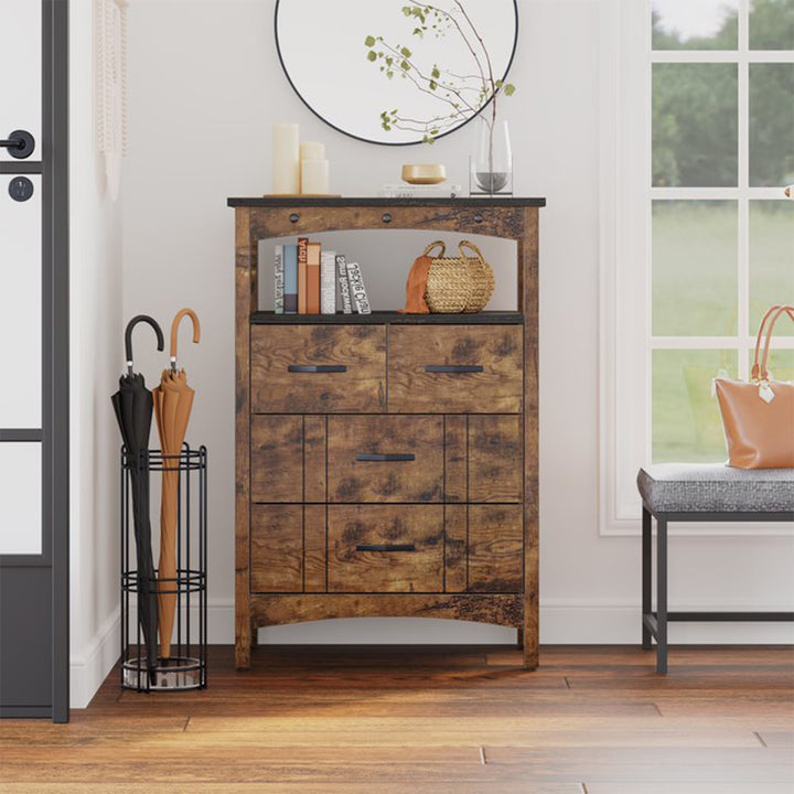 Bestier Living Room Storage Cabinet with 2 Shelves and 4 Drawers, Dark Brown - VMInnovations