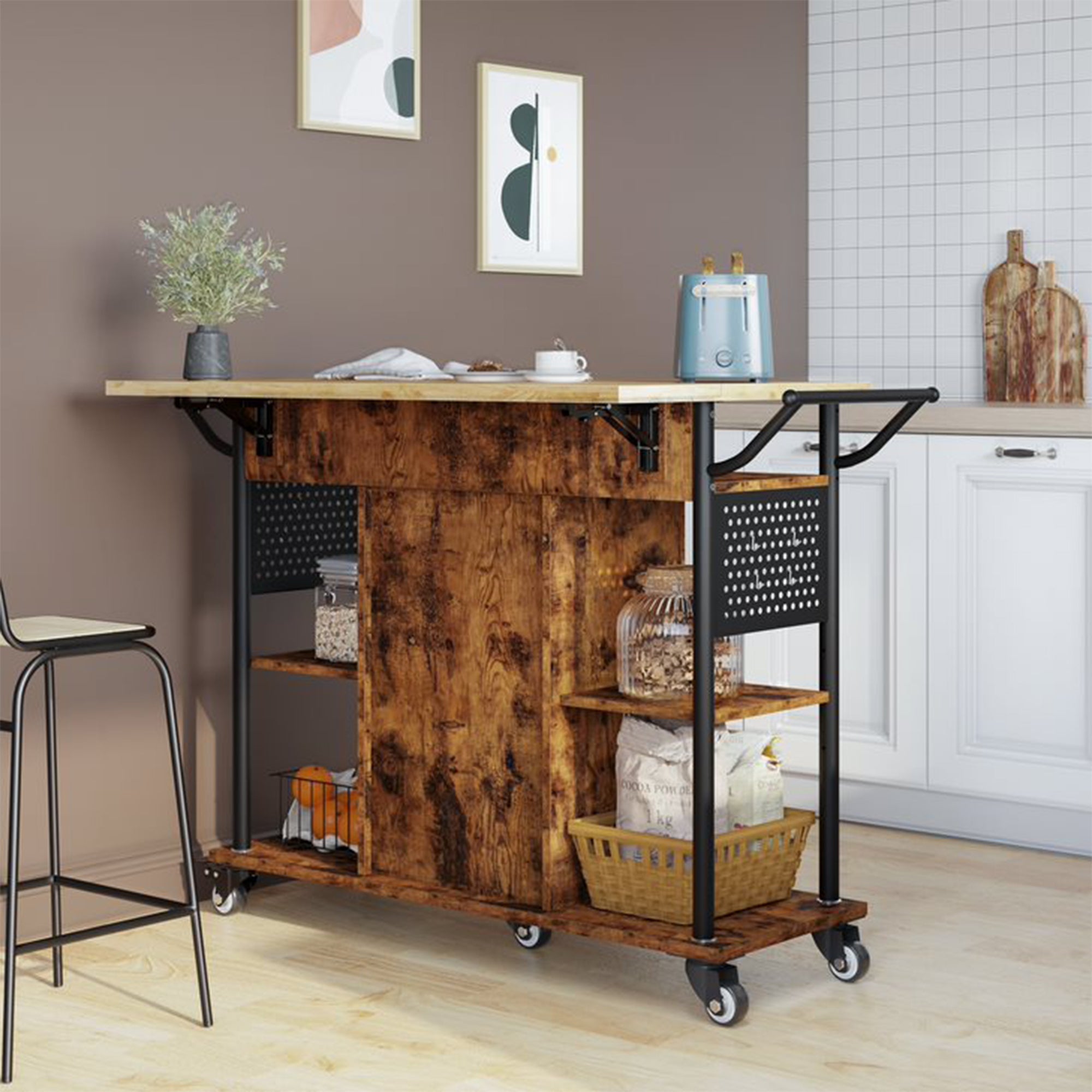 Bestier Rolling Kitchen Utility Cart with Collapsible Surface Extender, Brown - VMInnovations