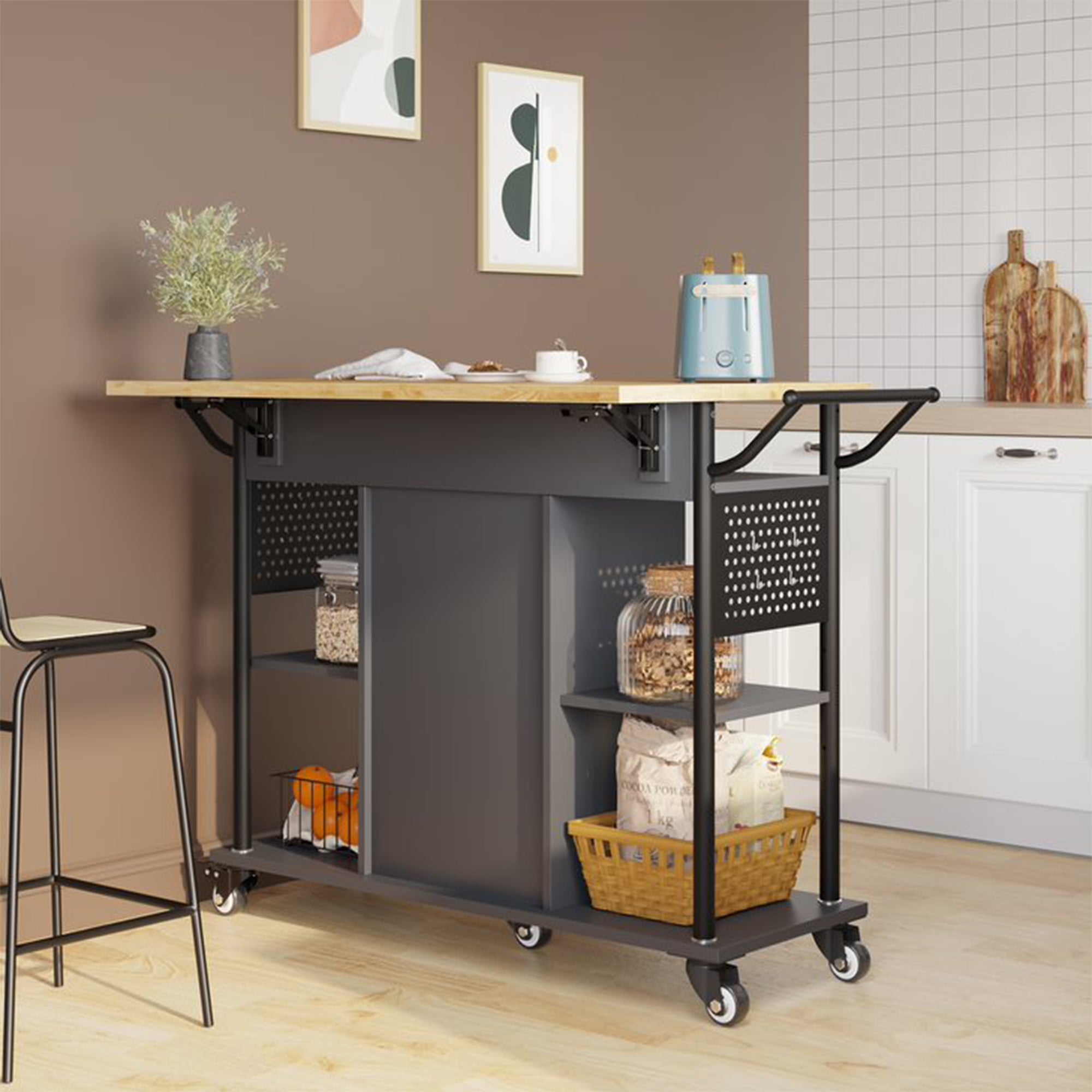 Rolling Kitchen Utility Cart with Collapsible Surface Extender, Grey (Open Box)