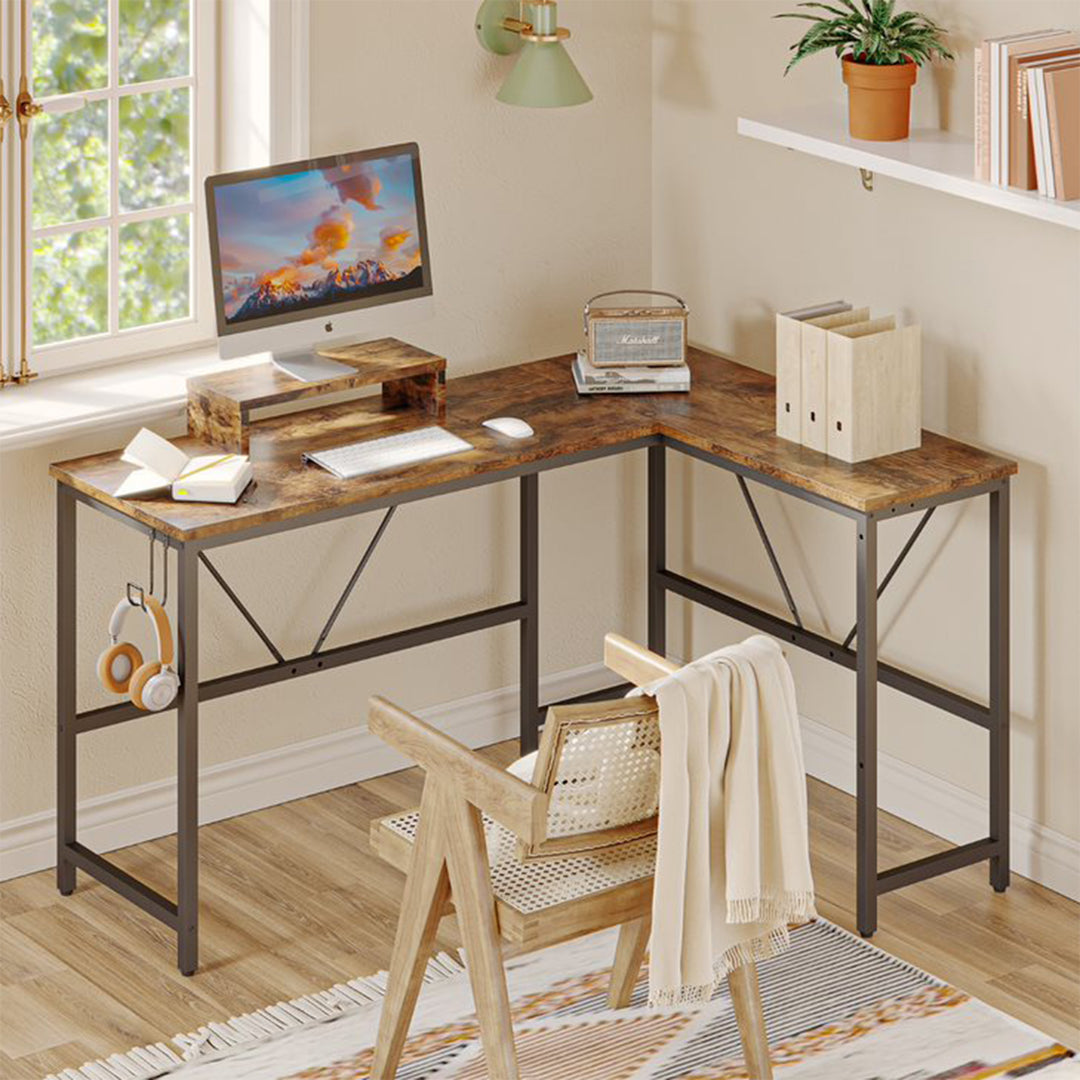 Bestier L Shape Reversible Computer Desk w/ Monitor Stand & Headset Hook, Walnut - VMInnovations