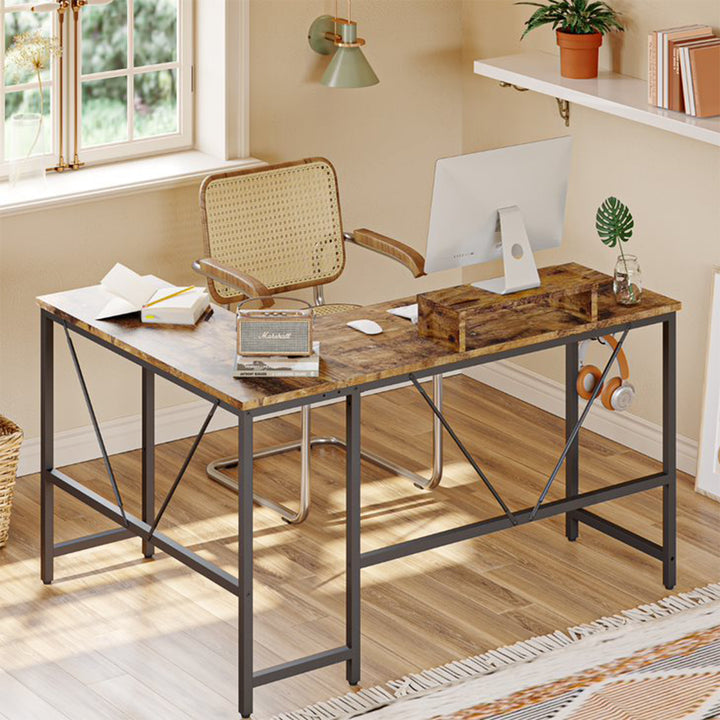 Bestier L Shape Reversible Computer Desk w/ Monitor Stand & Headset Hook, Walnut - VMInnovations