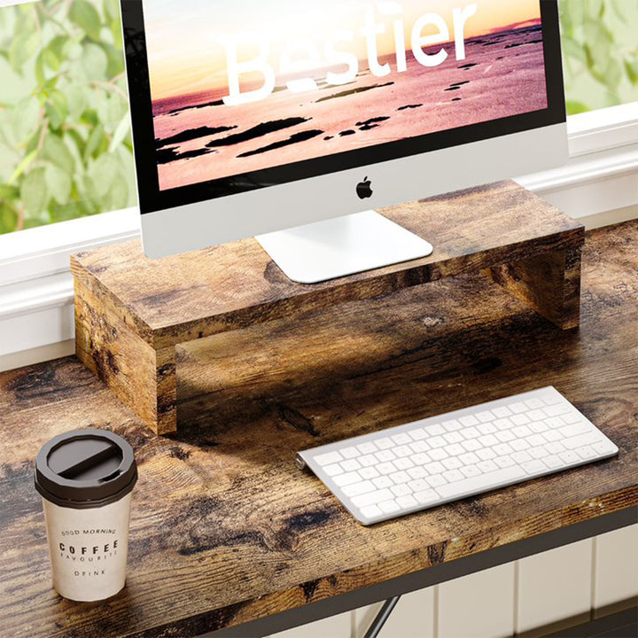 Bestier L Shape Reversible Computer Desk w/ Monitor Stand & Headset Hook, Walnut - VMInnovations
