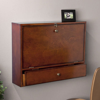SEI Furniture Wall Mounted Foldable Laptop Desk with Cork Board, Brown Mahogany
