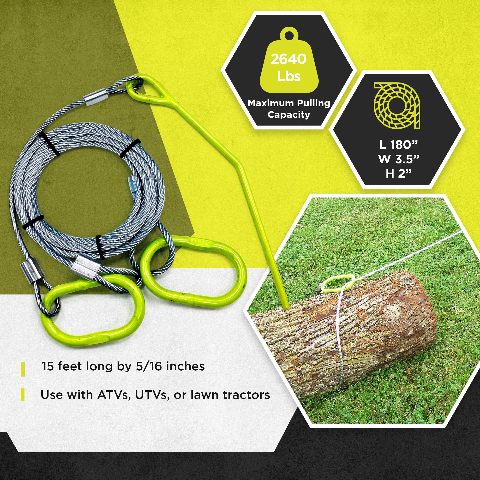 Timber Tuff TMW-48 15 Foot ATV UTV Log Choker Cable with Tow Rings & Probe Stake - VMInnovations