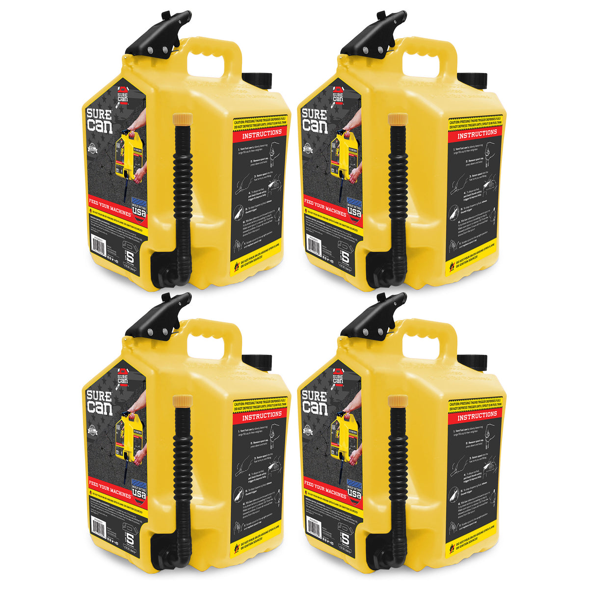 SureCan 5 Gallon Controlled Flow Gas Fuel Can w/Rotating Nozzle, Yellow (4 Pack)