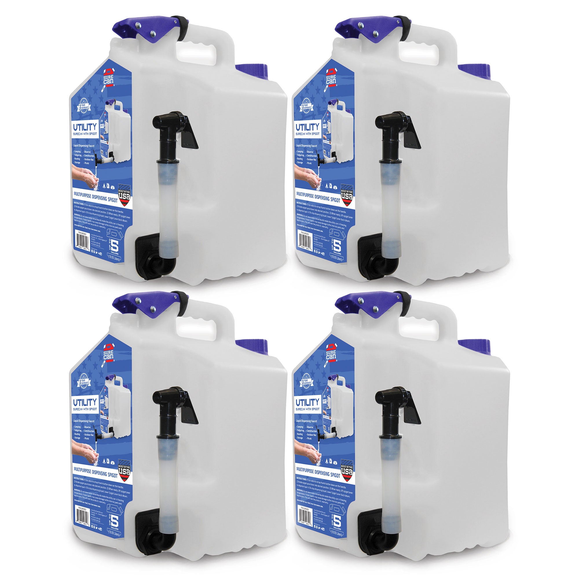 SureCan SUR5SU1 Camping Portable Water Station 5 Gallon Tank w/ Spigot (4 Pack)