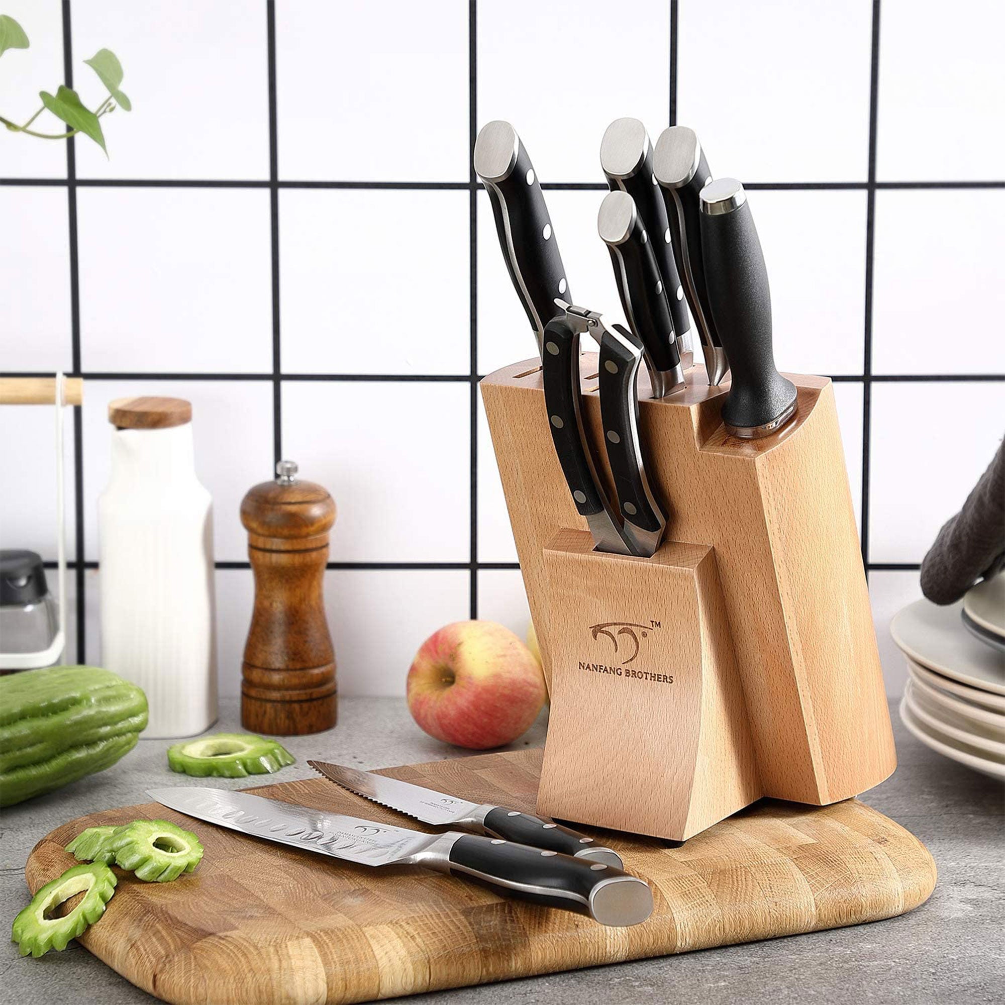 Nanfang Brothers Damascus Kitchen Knife Set with Beechwood Block, 9pc (Open Box) - VMInnovations