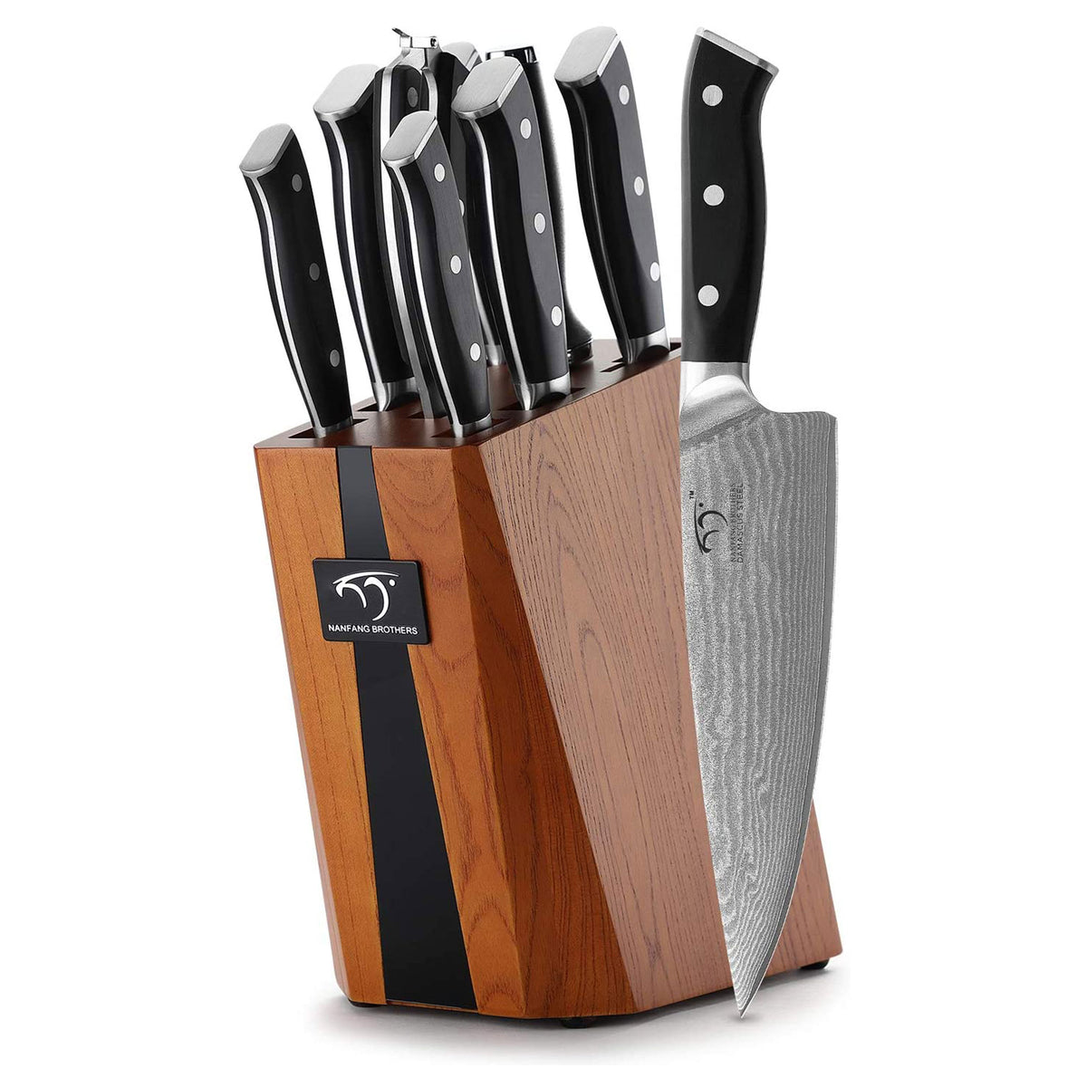 Nanfang Brothers Damascus Kitchen Knife Set with Manchurian Ash Block, 9 Pieces