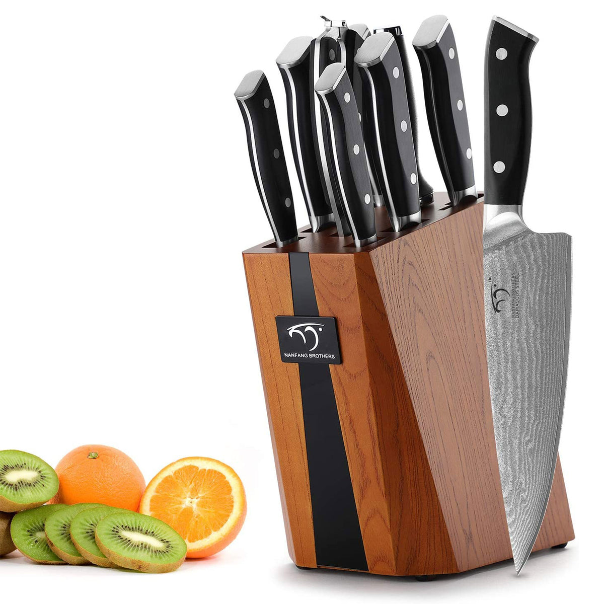 Nanfang Brothers Damascus Kitchen Knife Set with Manchurian Ash Block, 9 Pieces
