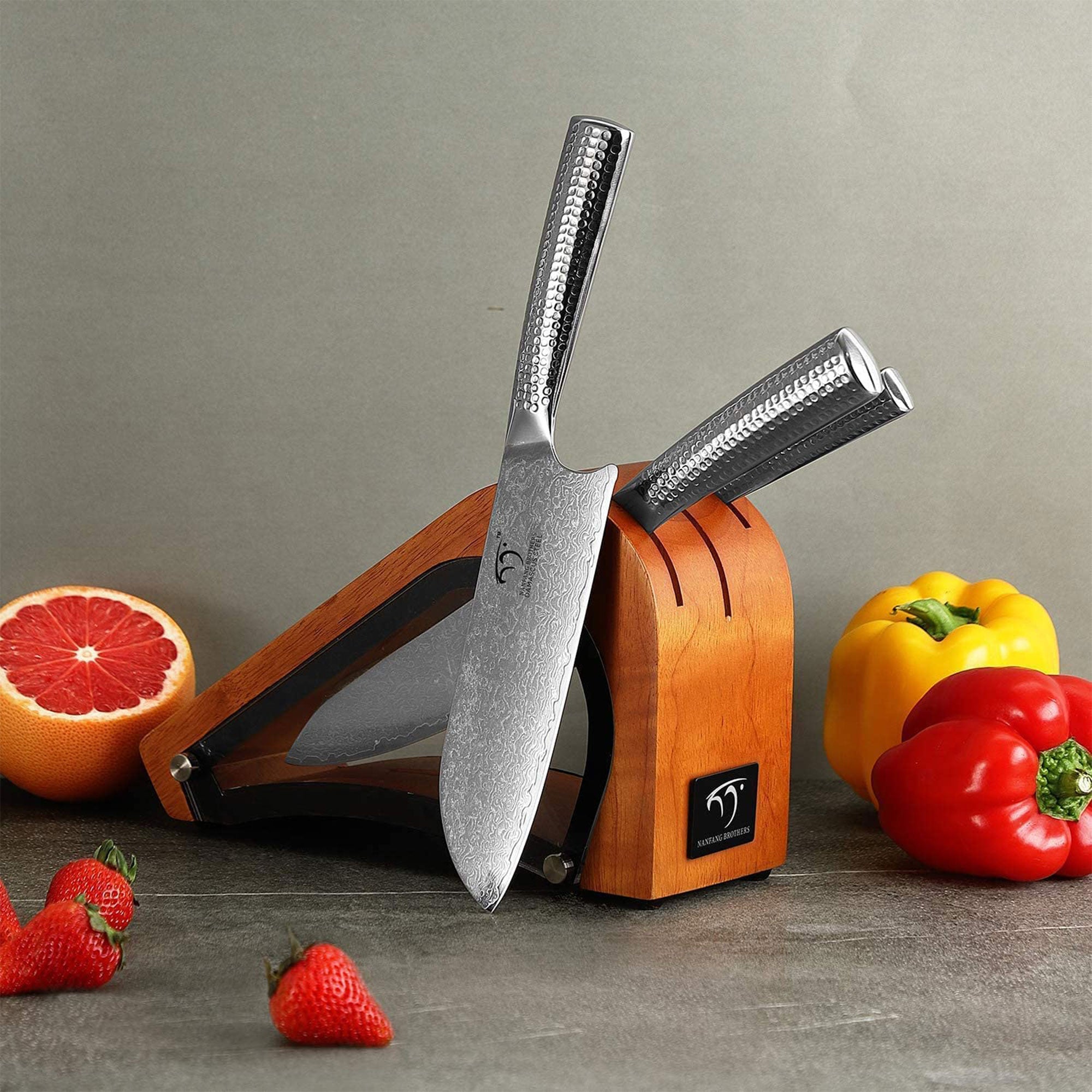 Nanfang Brothers Damascus Kitchen Knife Set with Manchurian Ash Block (Used) - VMInnovations