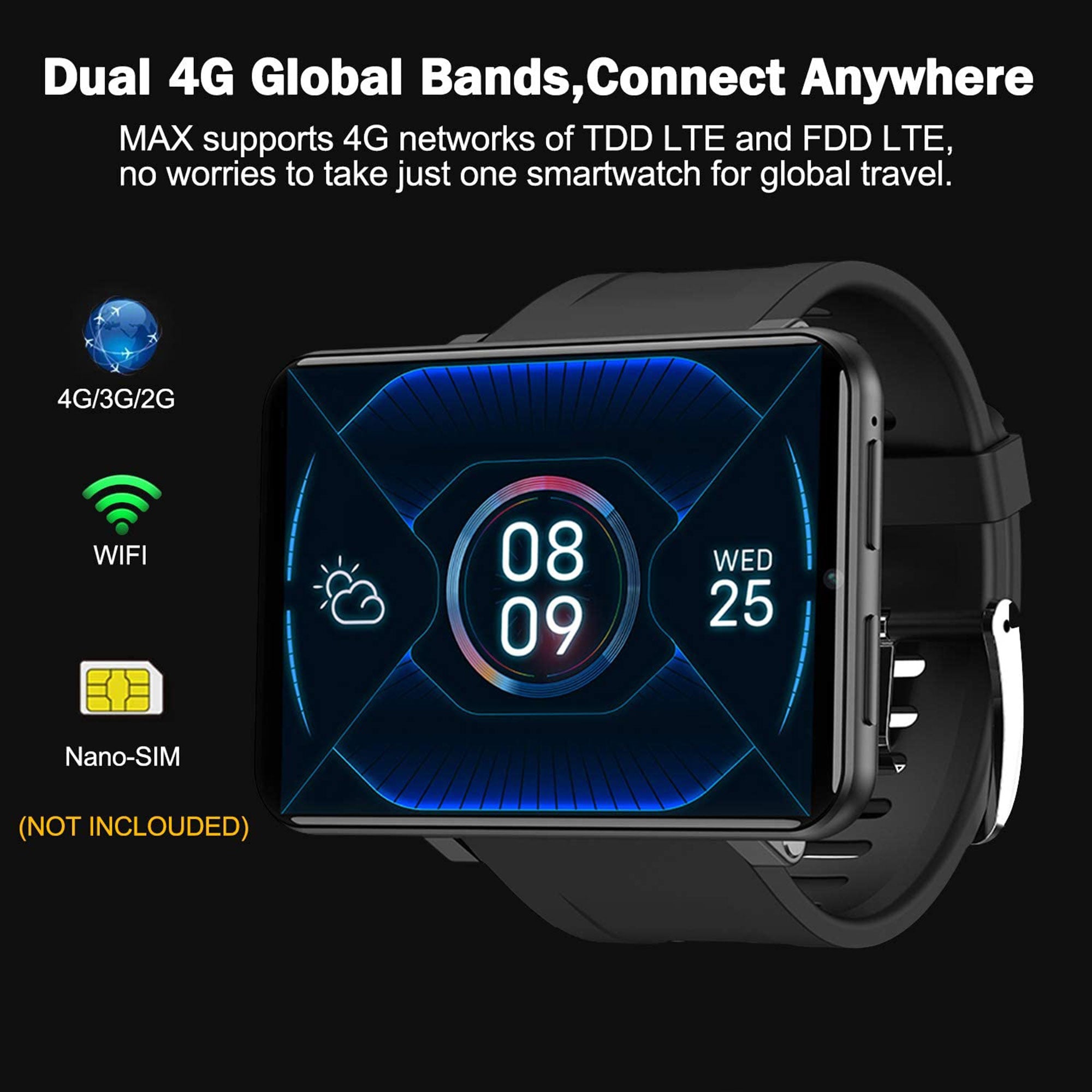 KOSPET MAX GPS Android Smartwatch with 4G LTE and 2.86 inch Touchscreen, Black