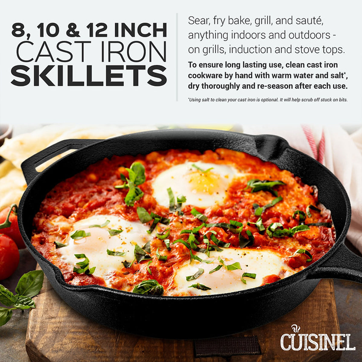Cuisinel Versatile Pre Seasoned Cast Iron Skillet 3 Multi Sized Cooking Pan Set