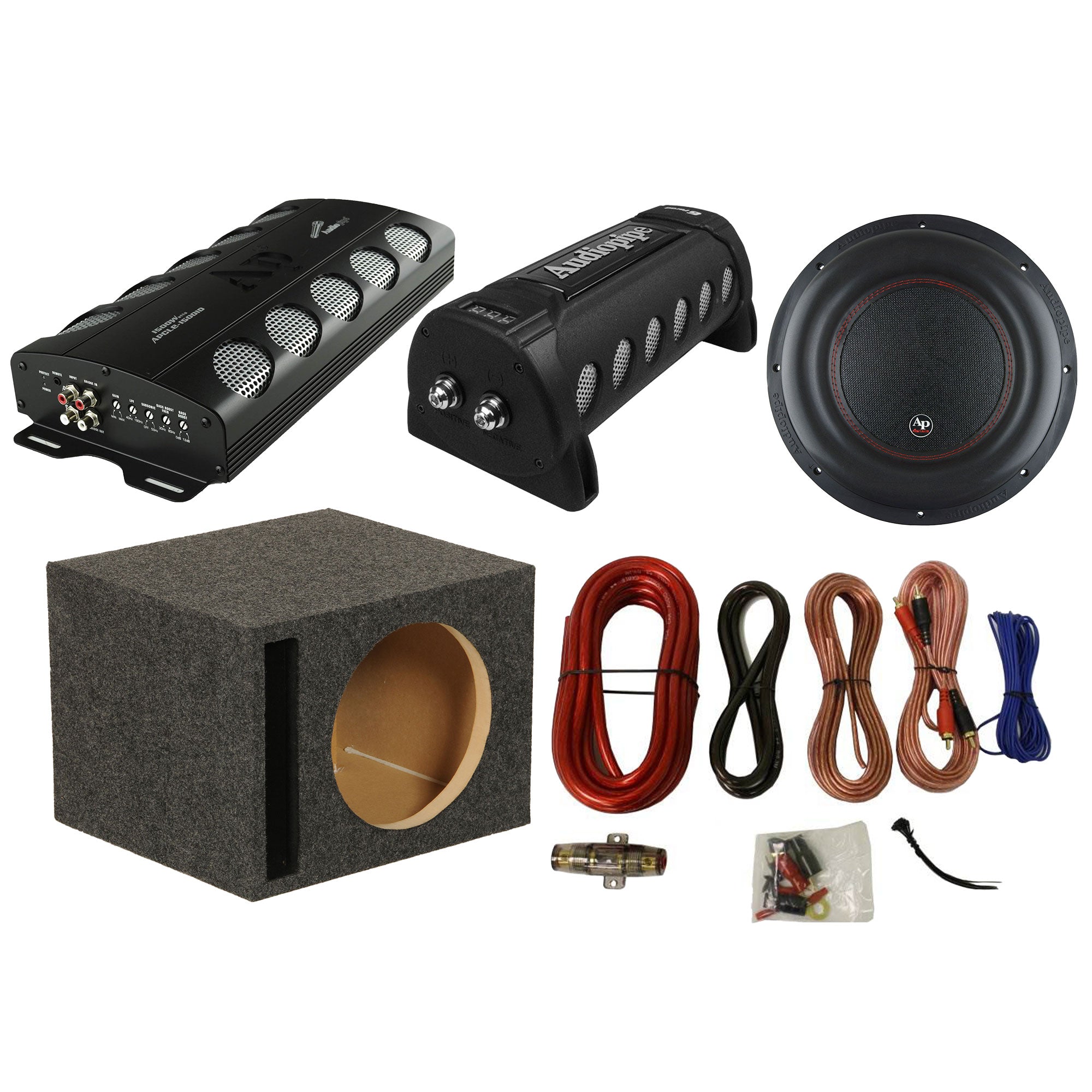 Audiopipe Monoblock Car Stereo w/ Capacitor, Subwoofer, Enclosure Box, and Kit - VMInnovations