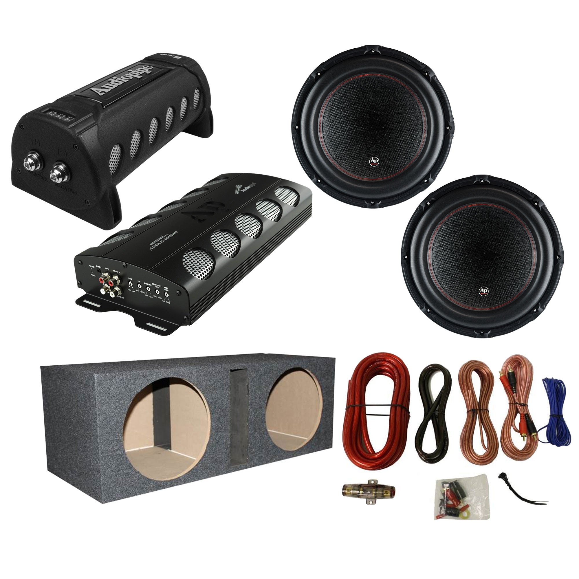 Audiopipe Car Stereo Amplifier, w/ Capacitor, 2 Subwoofers, Sub Box, & Wire Kit - VMInnovations